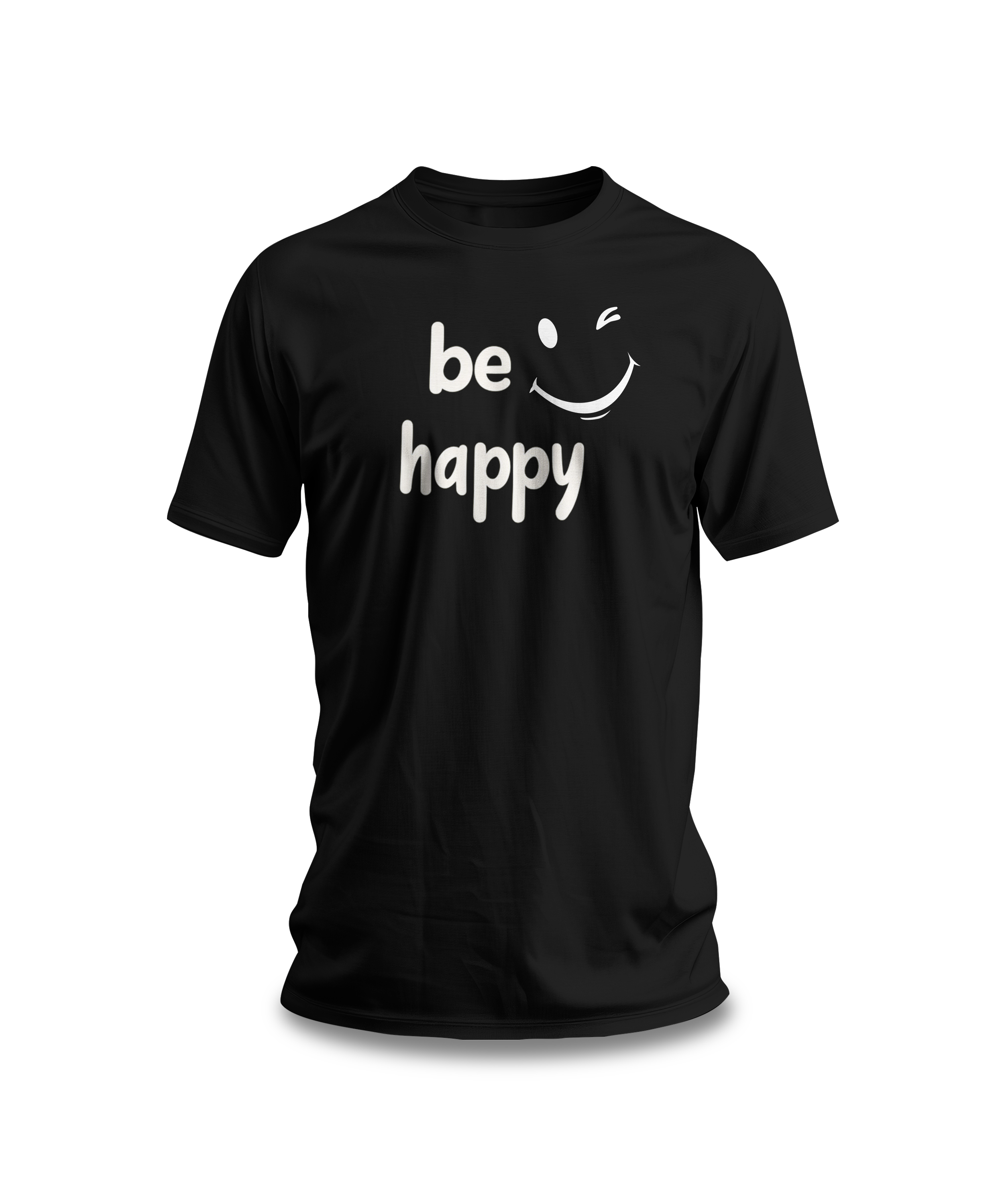 A black crew neck t-shirt with the text 'BE HAPPY' and a smiley face design on the front.