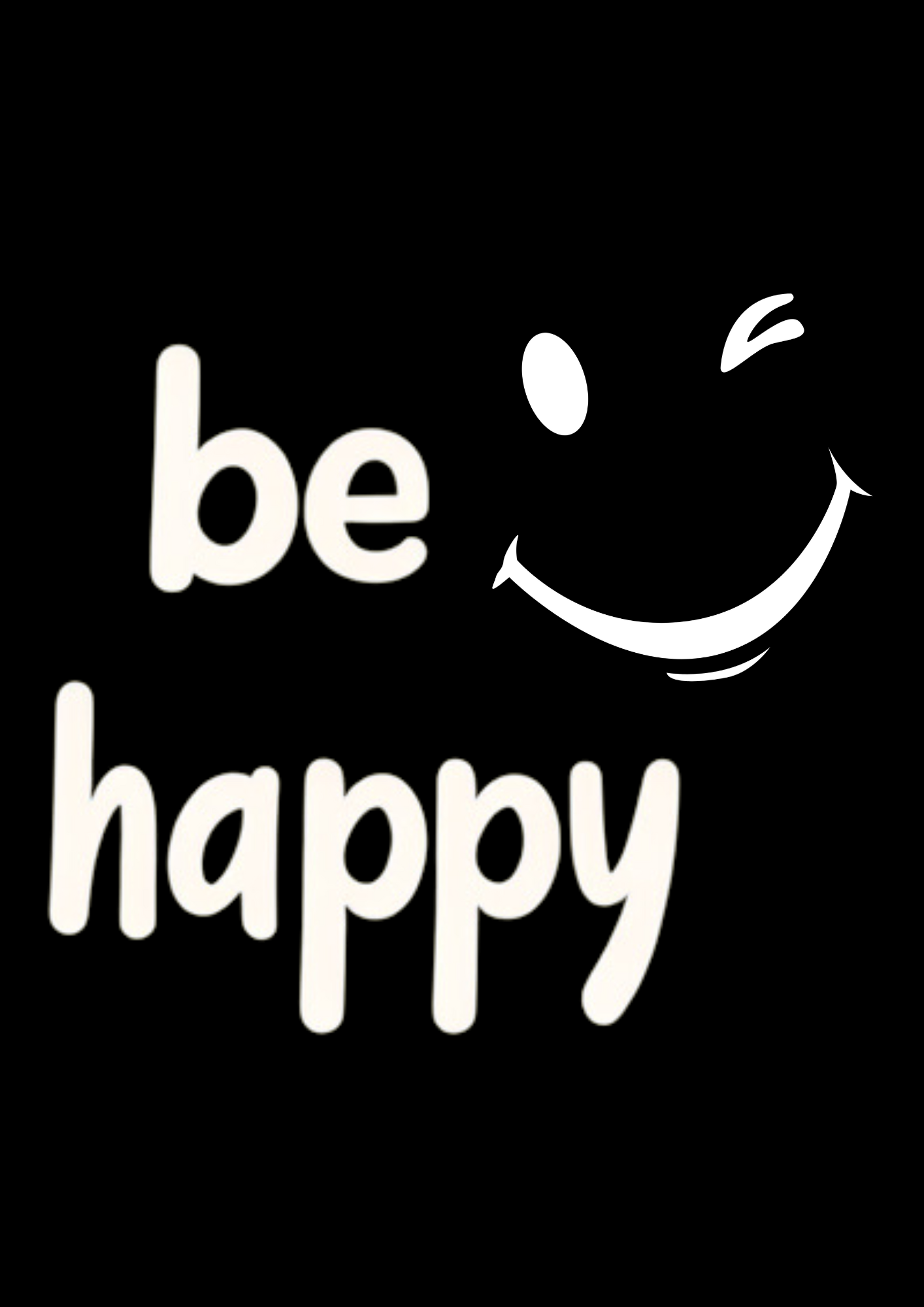 A black crew neck t-shirt with the text 'BE HAPPY' and a smiley face design on the front.