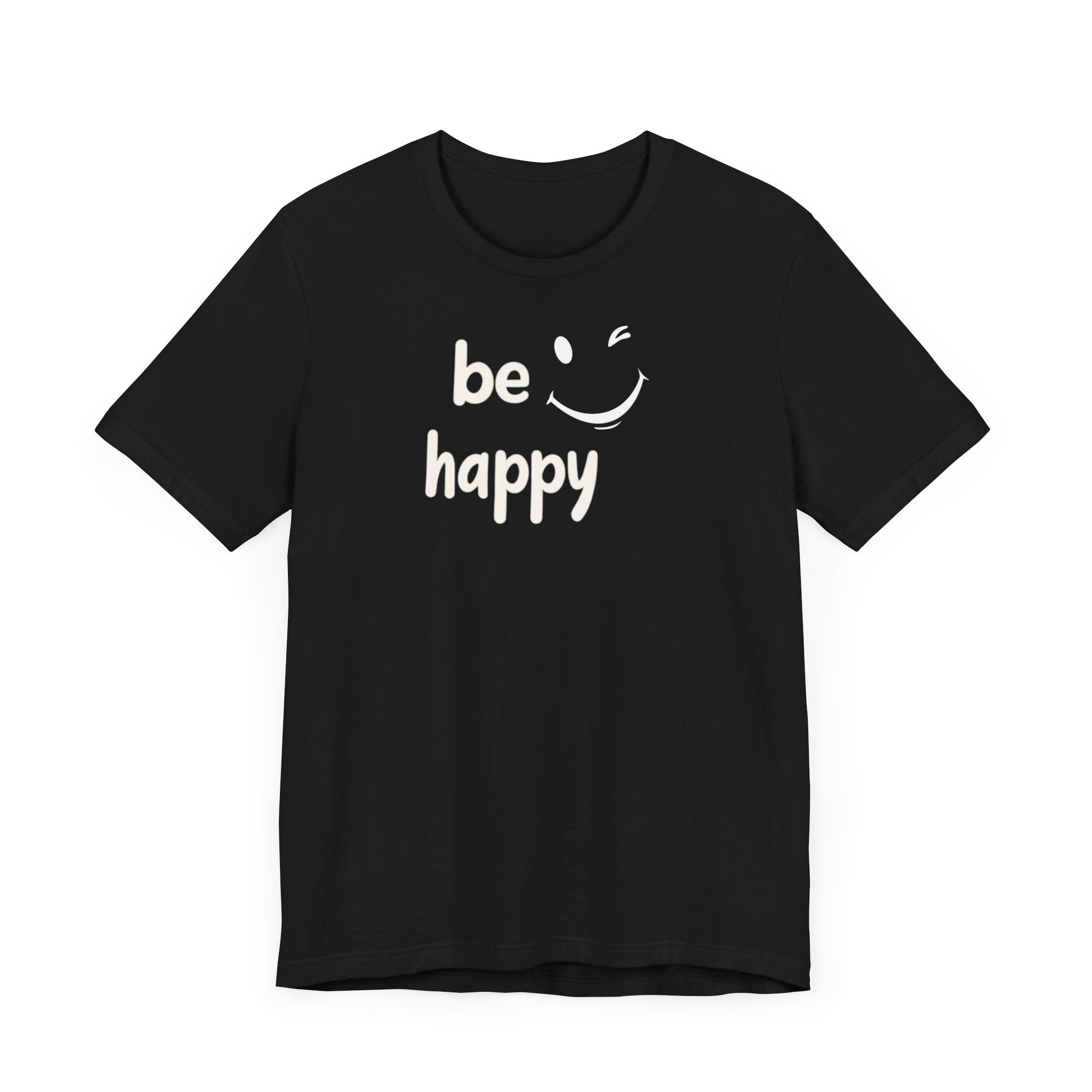 A black crew neck t-shirt with the text 'BE HAPPY' and a smiley face design on the front.