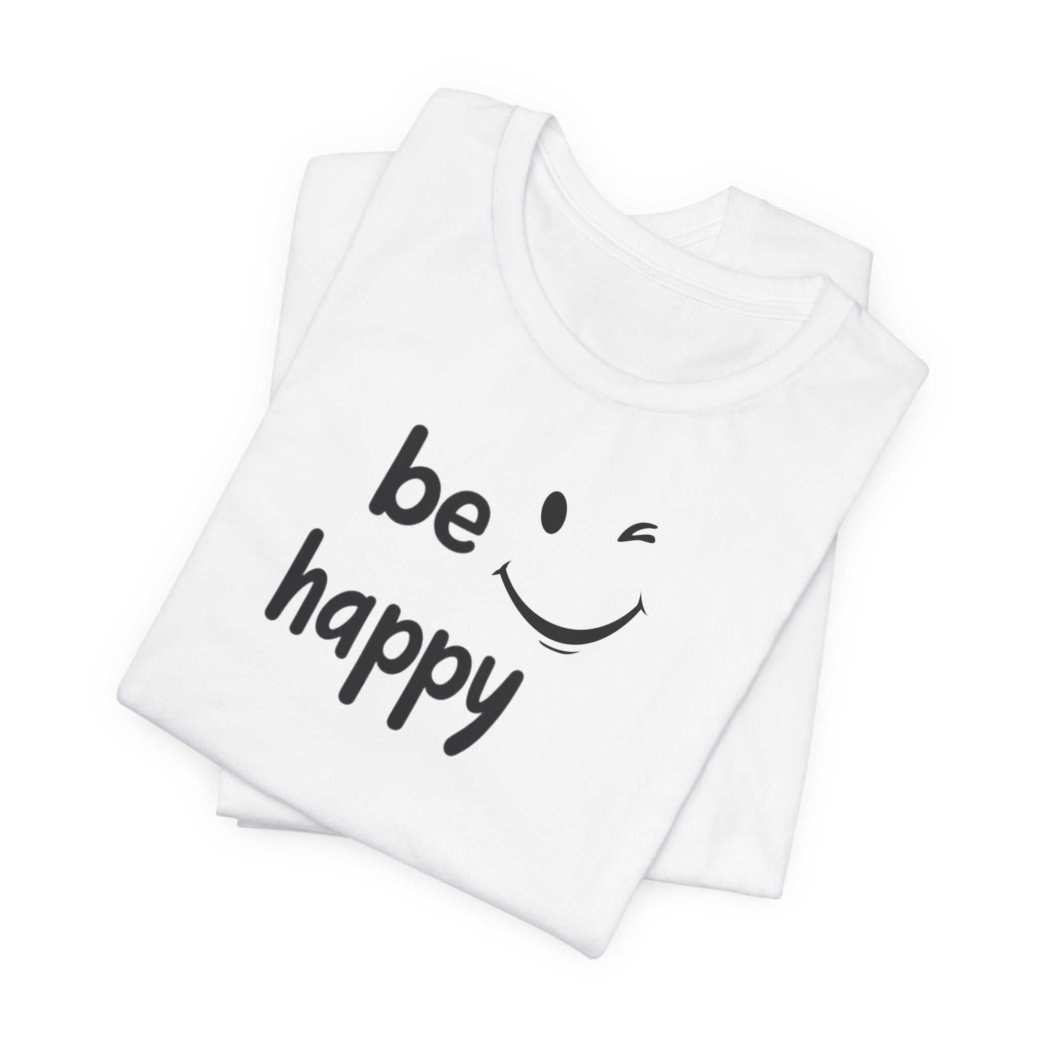 A black crew neck t-shirt with the text 'BE HAPPY' and a smiley face design on the front.
