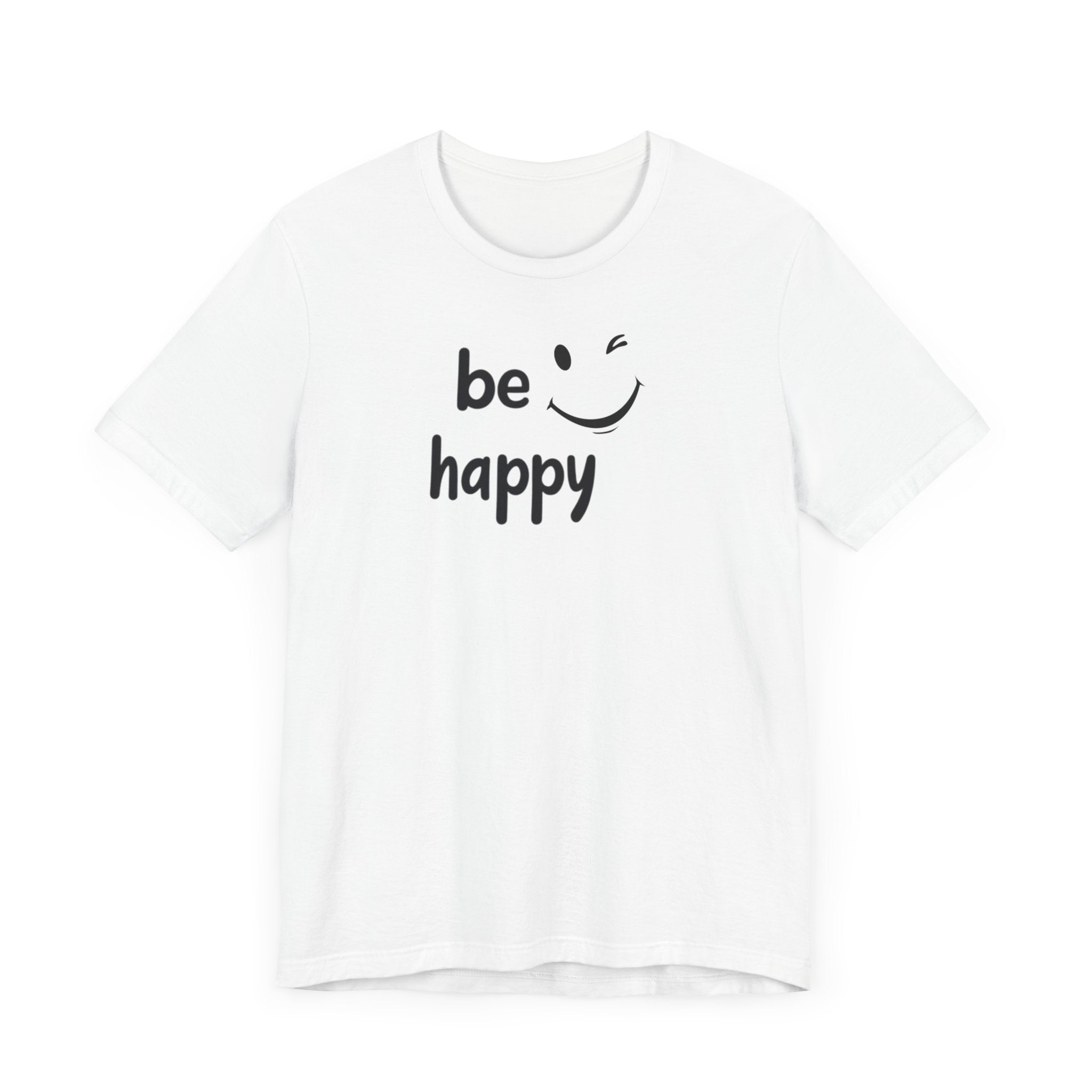 A black crew neck t-shirt with the text 'BE HAPPY' and a smiley face design on the front.