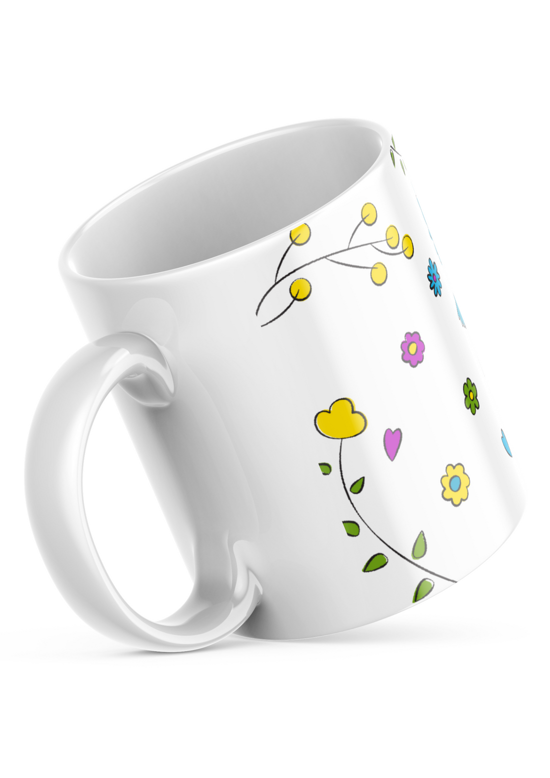 Closeup of blue bird and floral art on ceramic mug