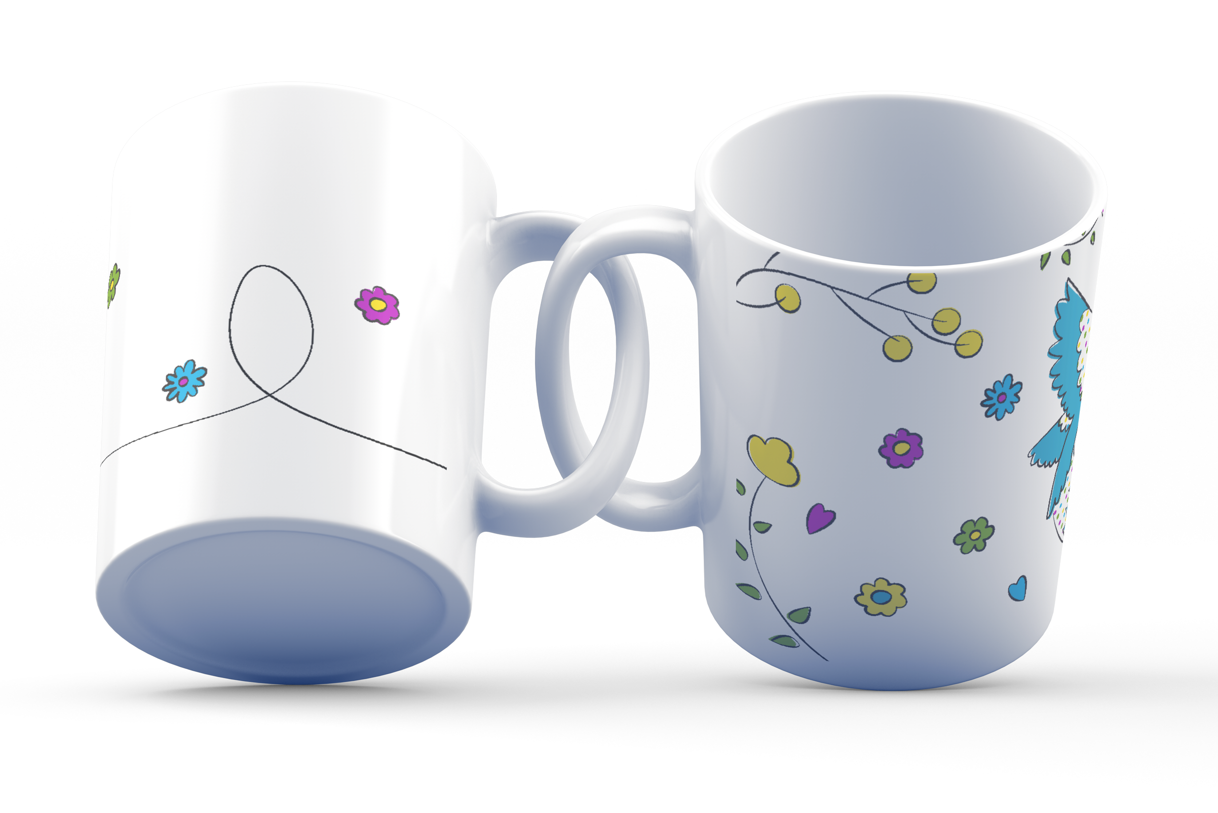 Two white ceramic mugs with a bird and floral design, one side featuring a colorful floral pattern and the other with a simple line drawing of a bird.