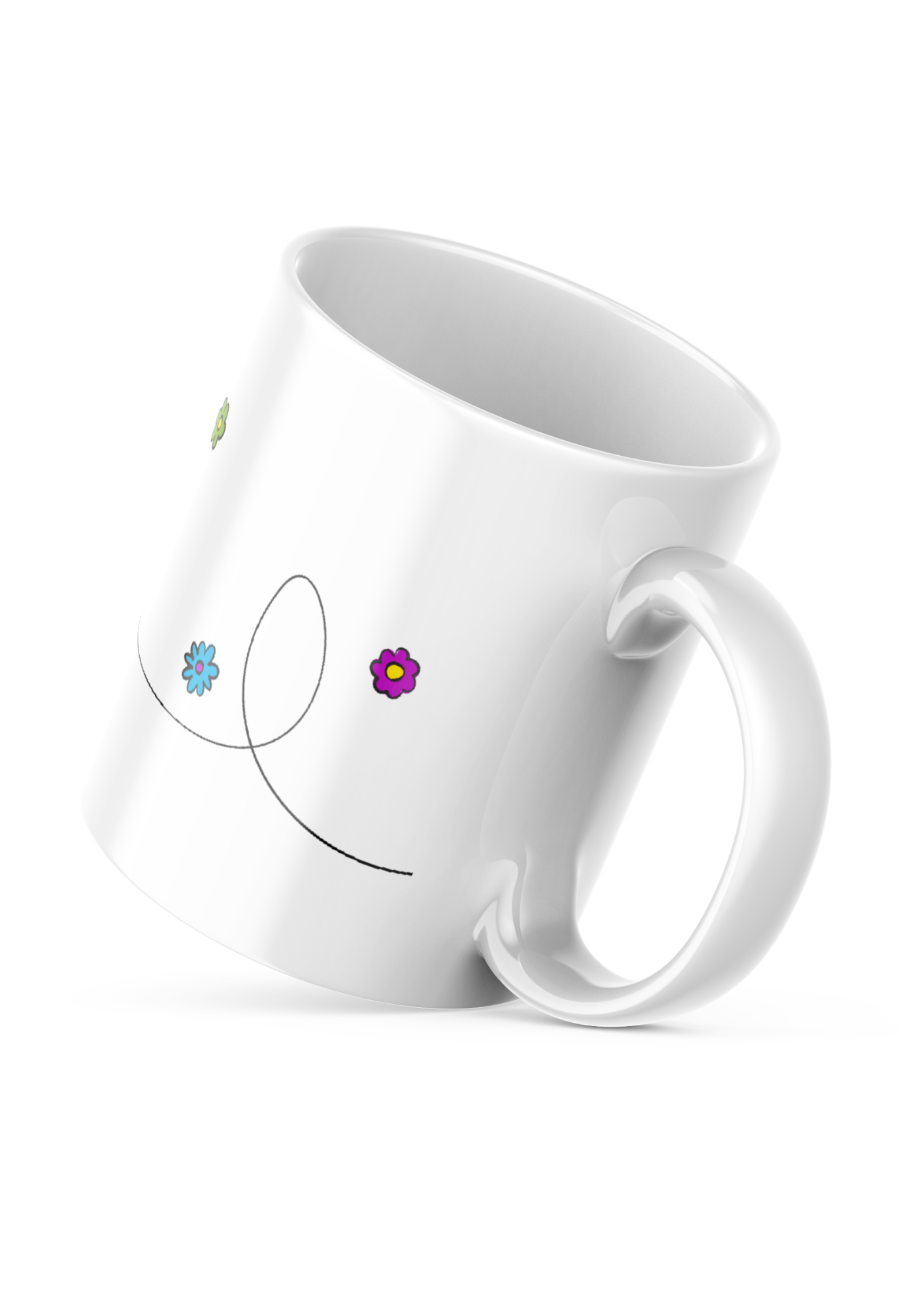 Side view Blue Bird Mug with wildflowers, minimalist style