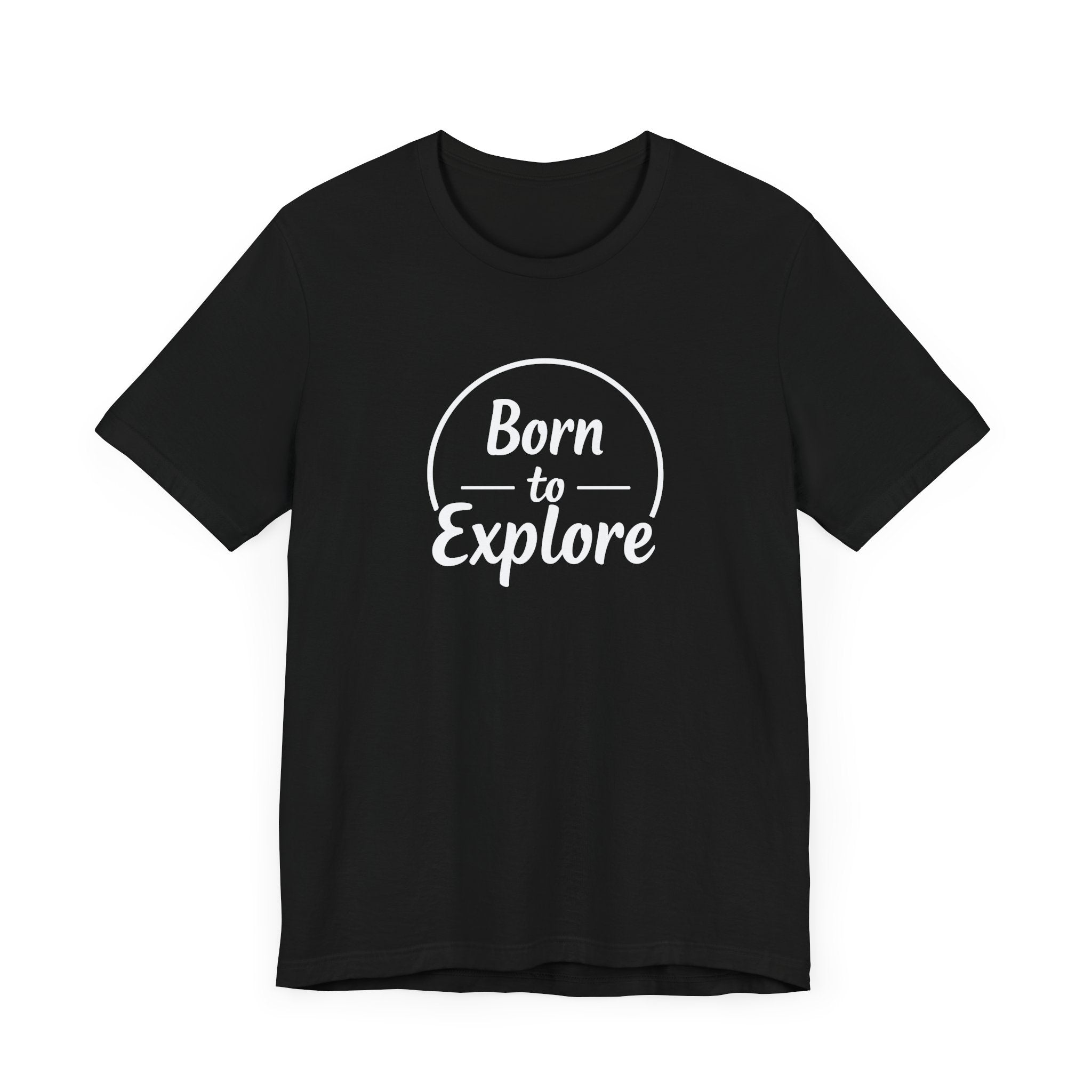 Black adventure t-shirt with “Born to Explore” minimalist typography design