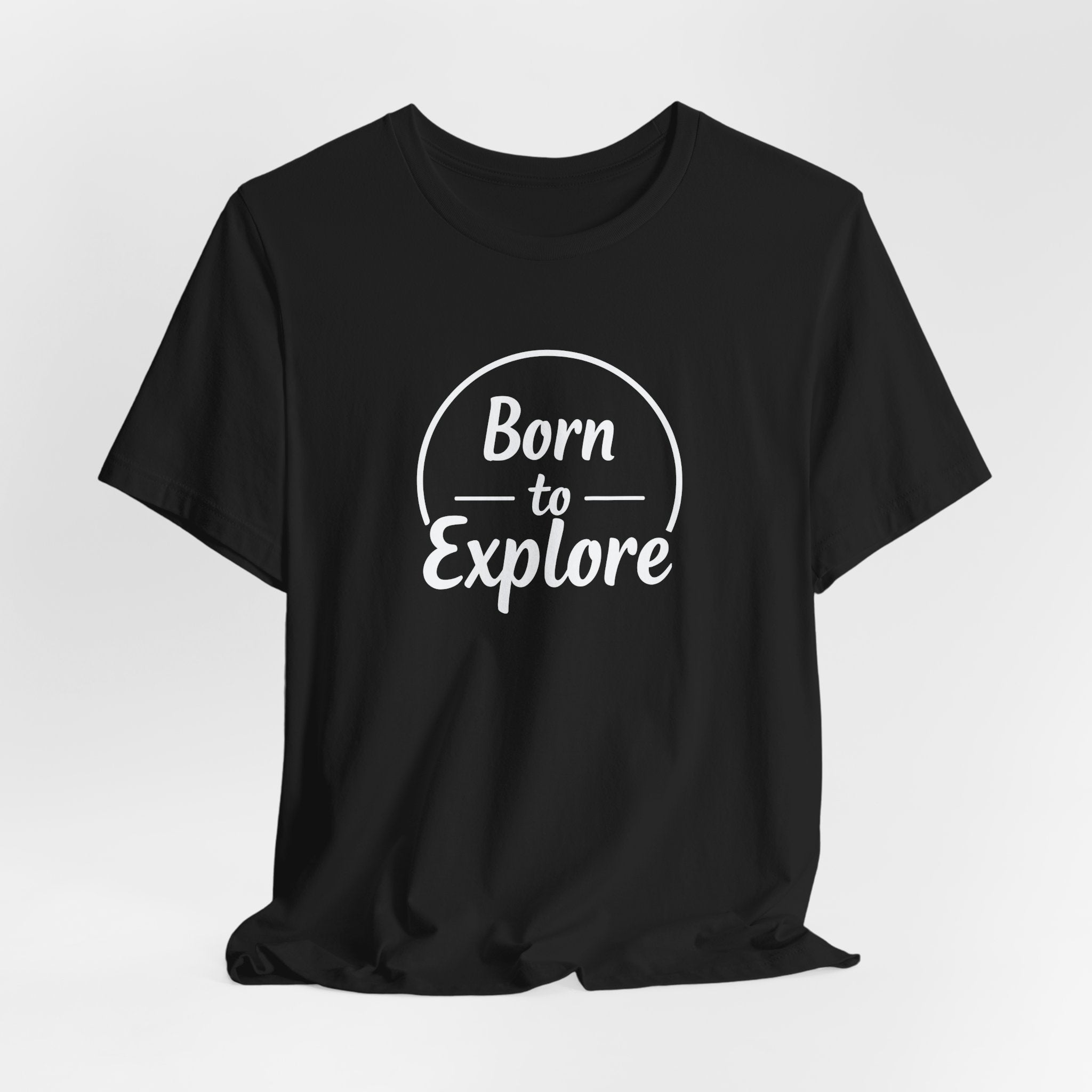Black adventure t-shirt with “Born to Explore” minimalist typography design