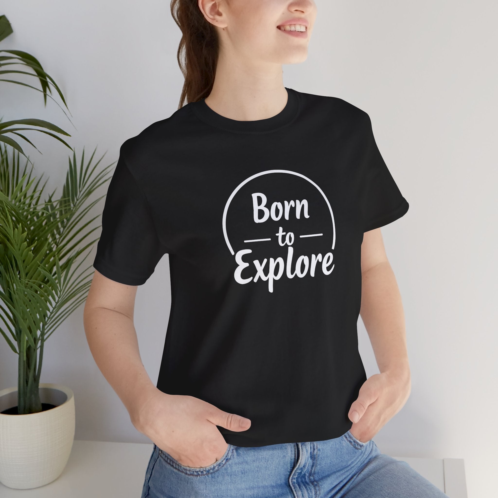 Black adventure t-shirt with “Born to Explore” minimalist typography design