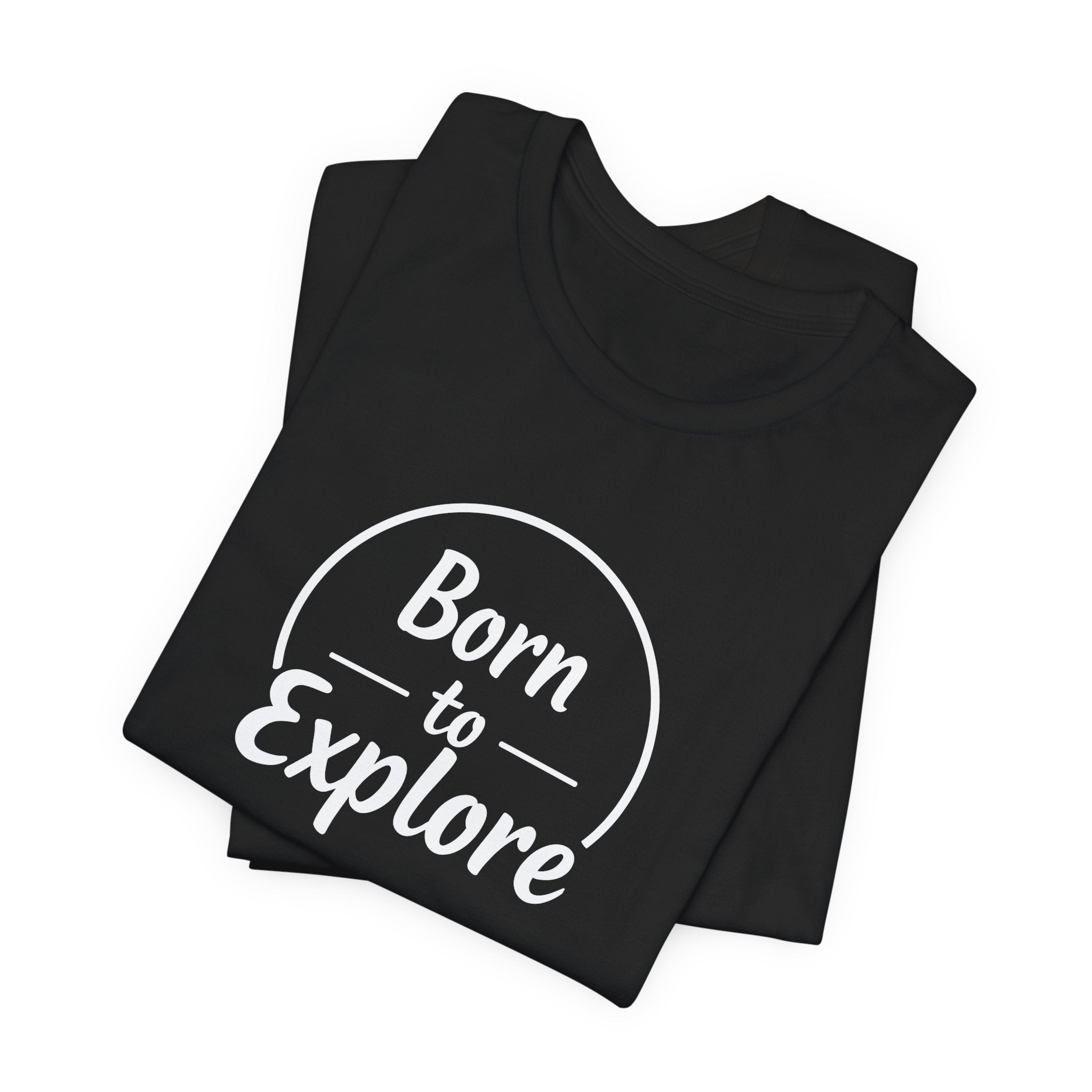 Black adventure t-shirt with “Born to Explore” minimalist typography design