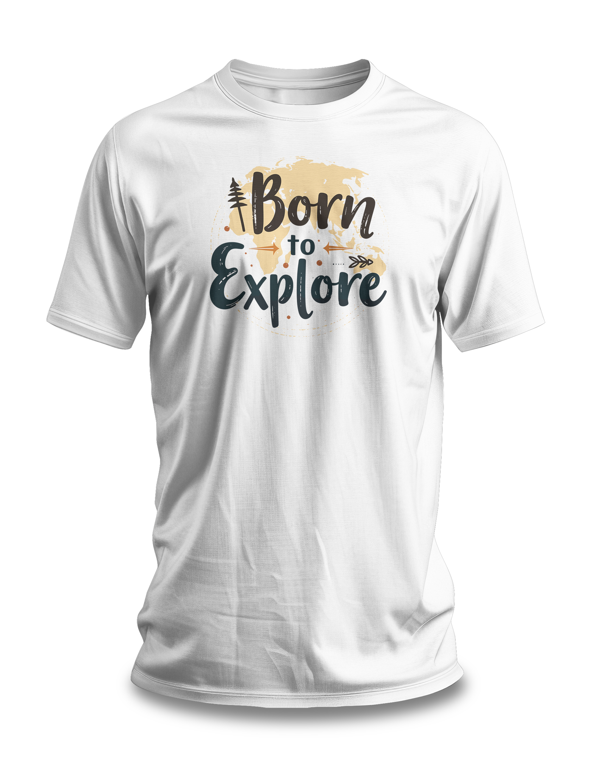A white crew neck t-shirt with the text 'Born to Explore' printed on the front, accompanied by a globe and outdoor elements such as trees.