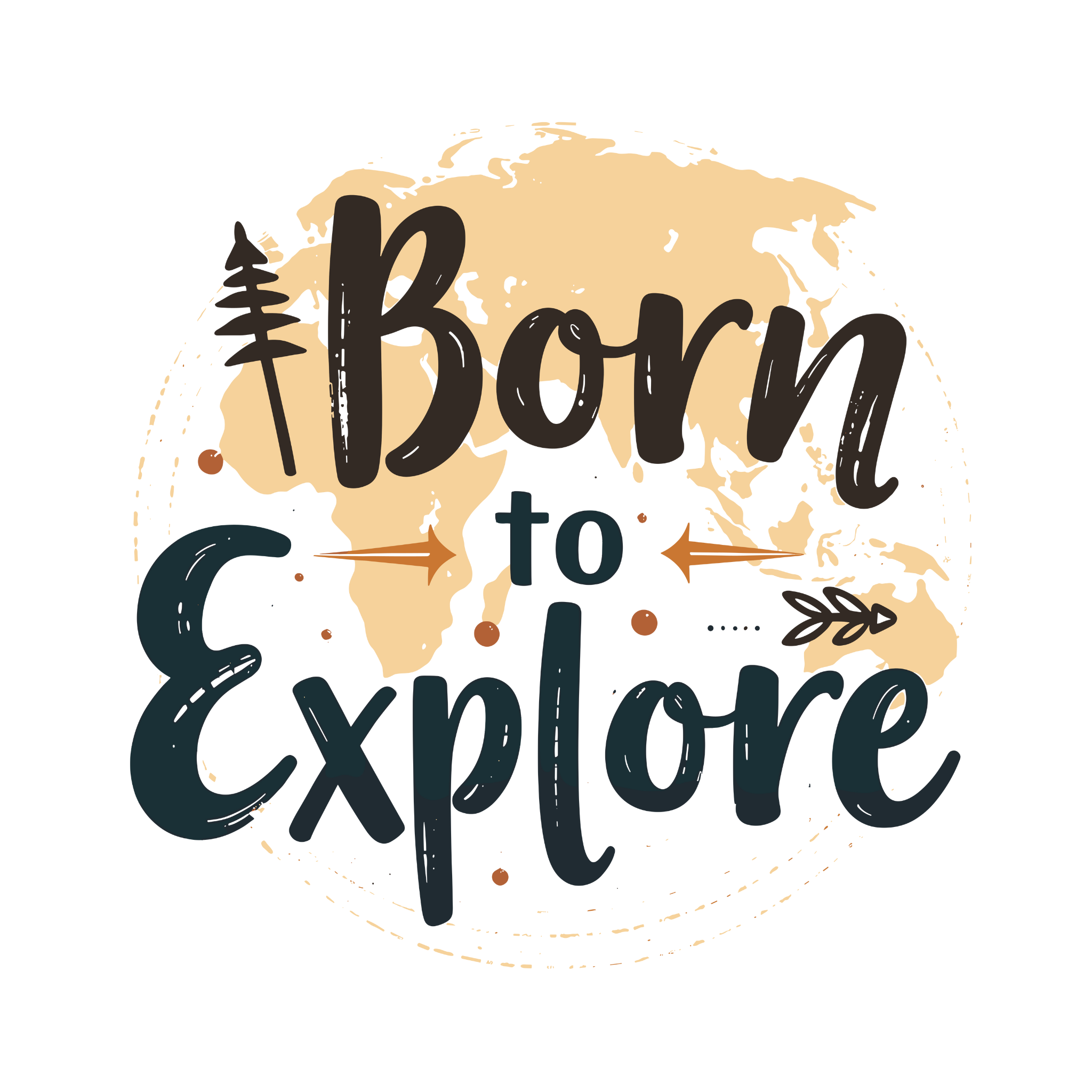 A white crew neck t-shirt with the text 'Born to Explore' printed on the front, accompanied by a globe and outdoor elements such as trees.