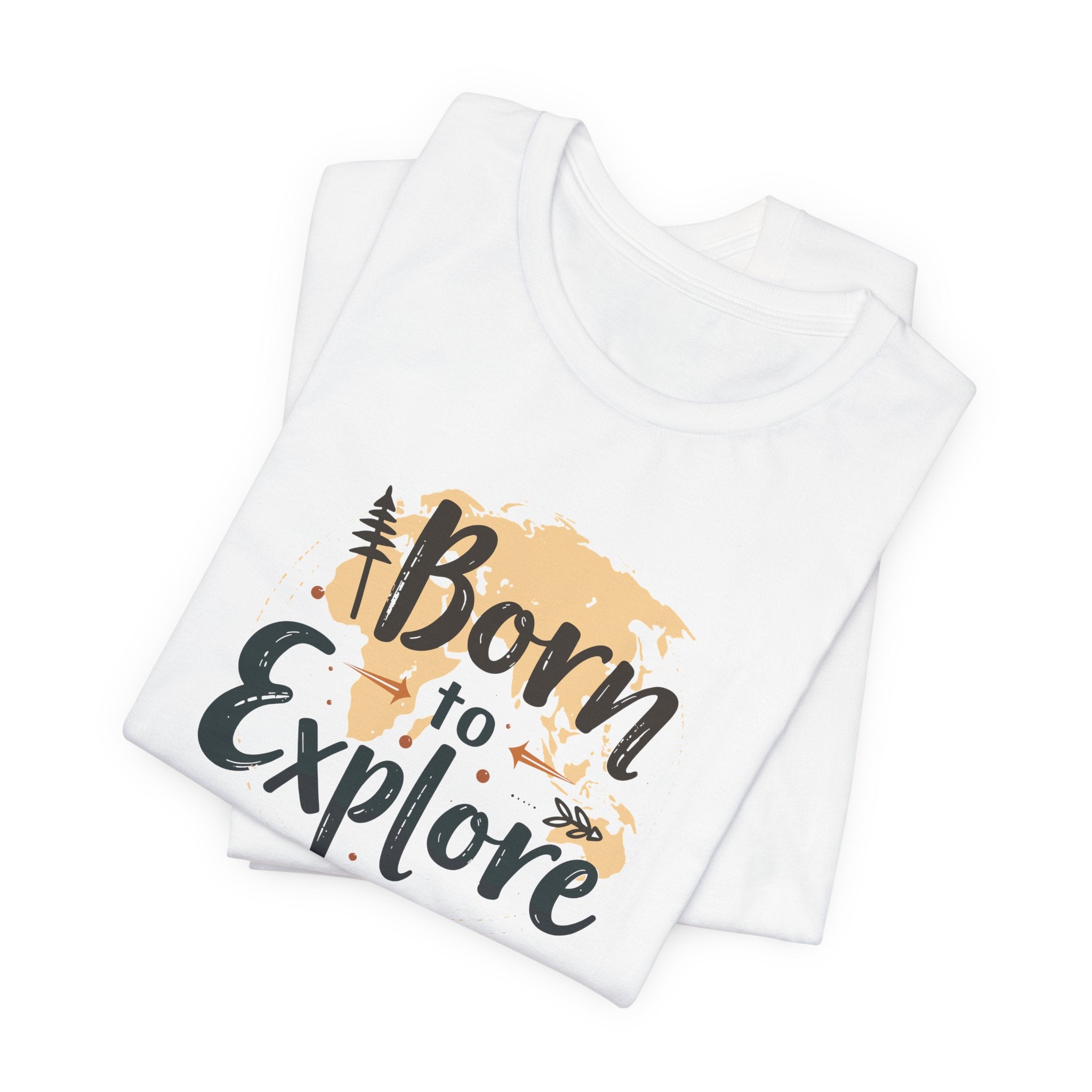 A white crew neck t-shirt with the text 'Born to Explore' printed on the front, accompanied by a globe and outdoor elements such as trees.