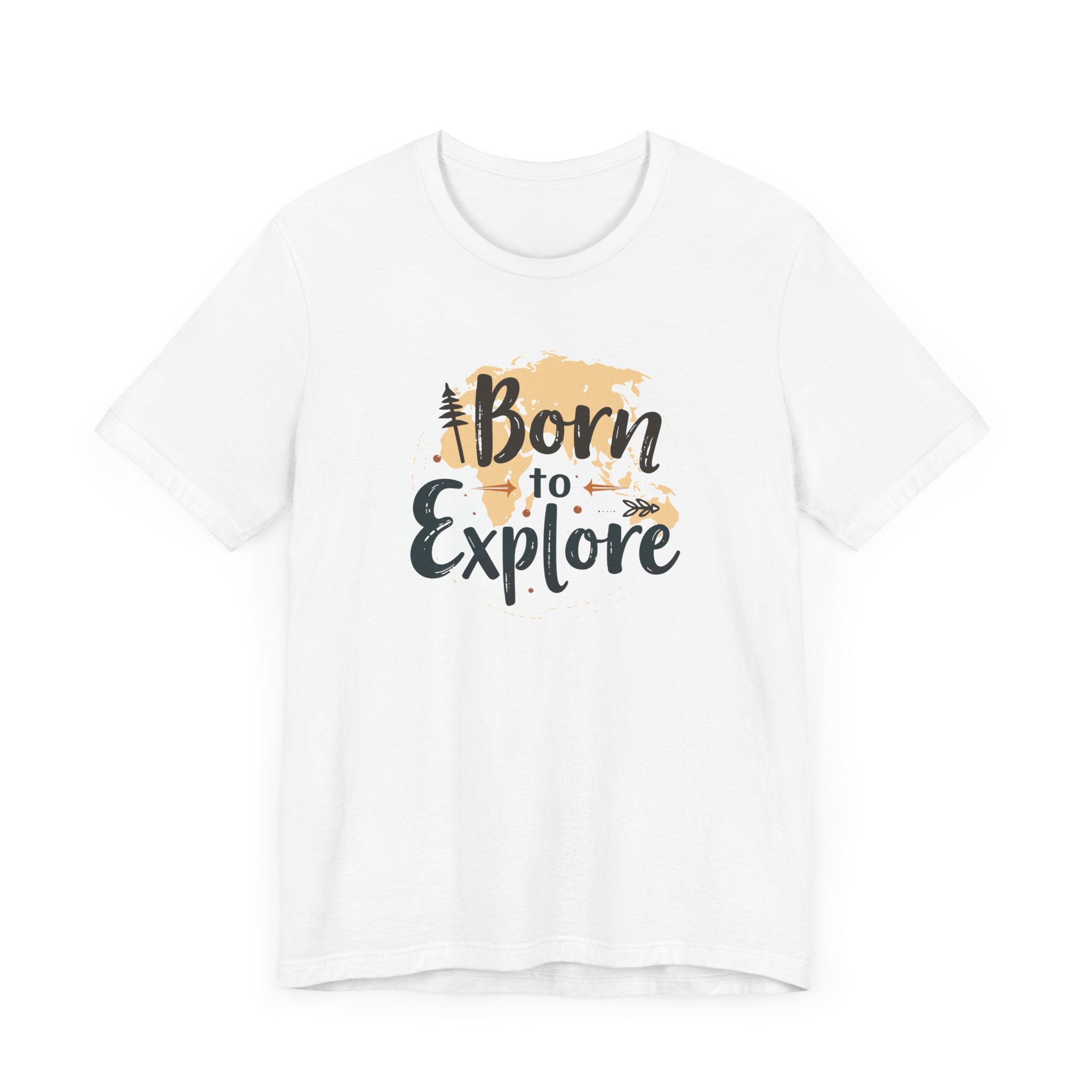 A white crew neck t-shirt with the text 'Born to Explore' printed on the front, accompanied by a globe and outdoor elements such as trees.
