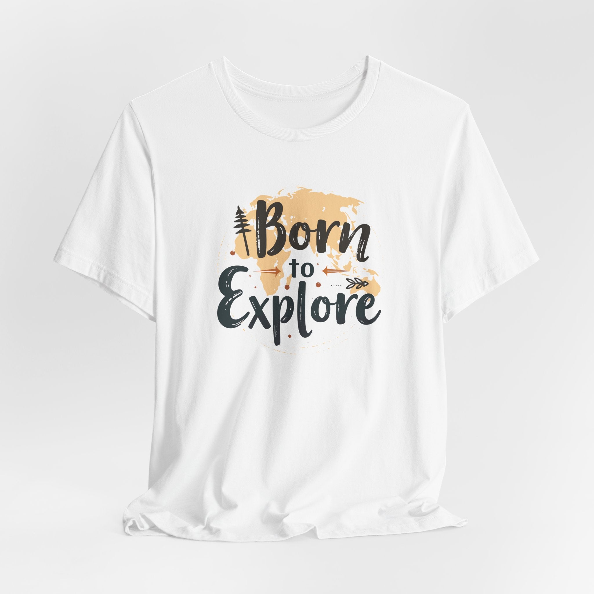 A white crew neck t-shirt with the text 'Born to Explore' printed on the front, accompanied by a globe and outdoor elements such as trees.
