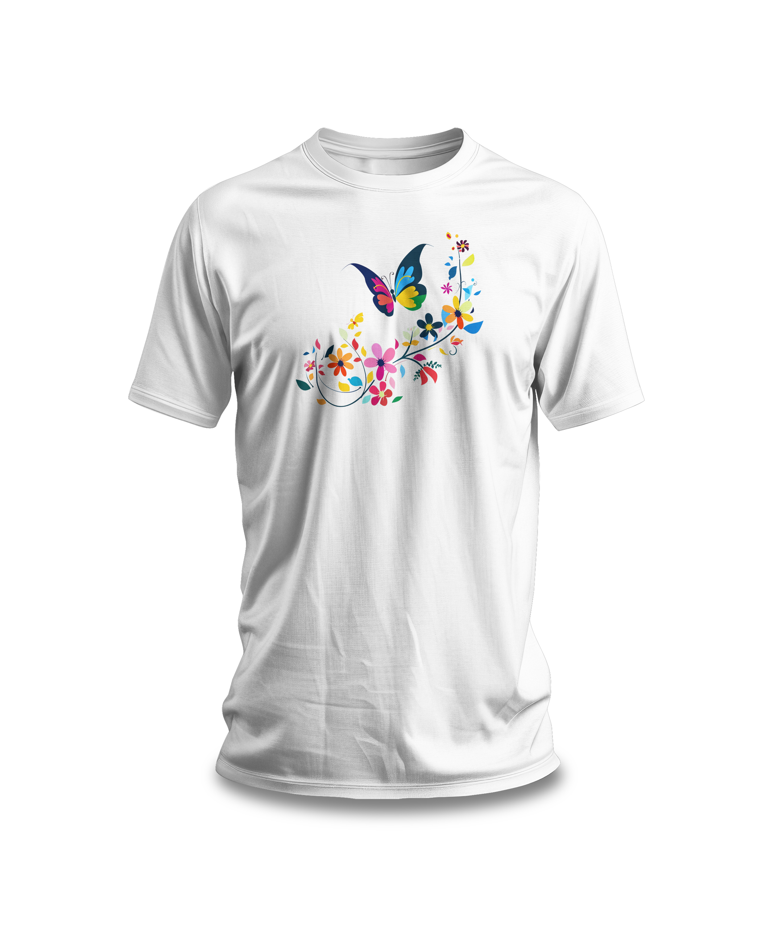 A white crew neck t-shirt with a colorful butterfly and floral pattern on the front.