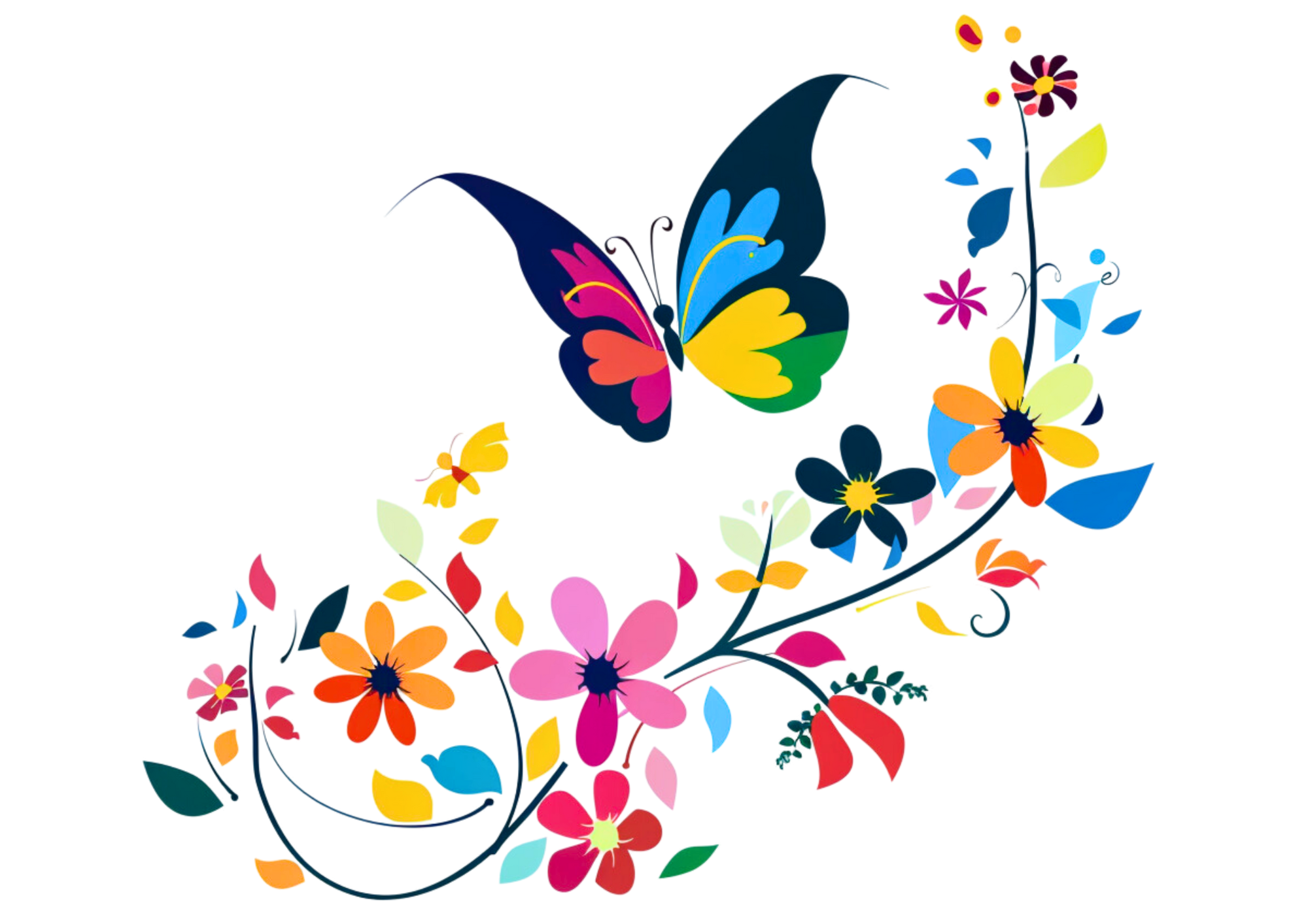 A white crew neck t-shirt with a colorful butterfly and floral pattern on the front.