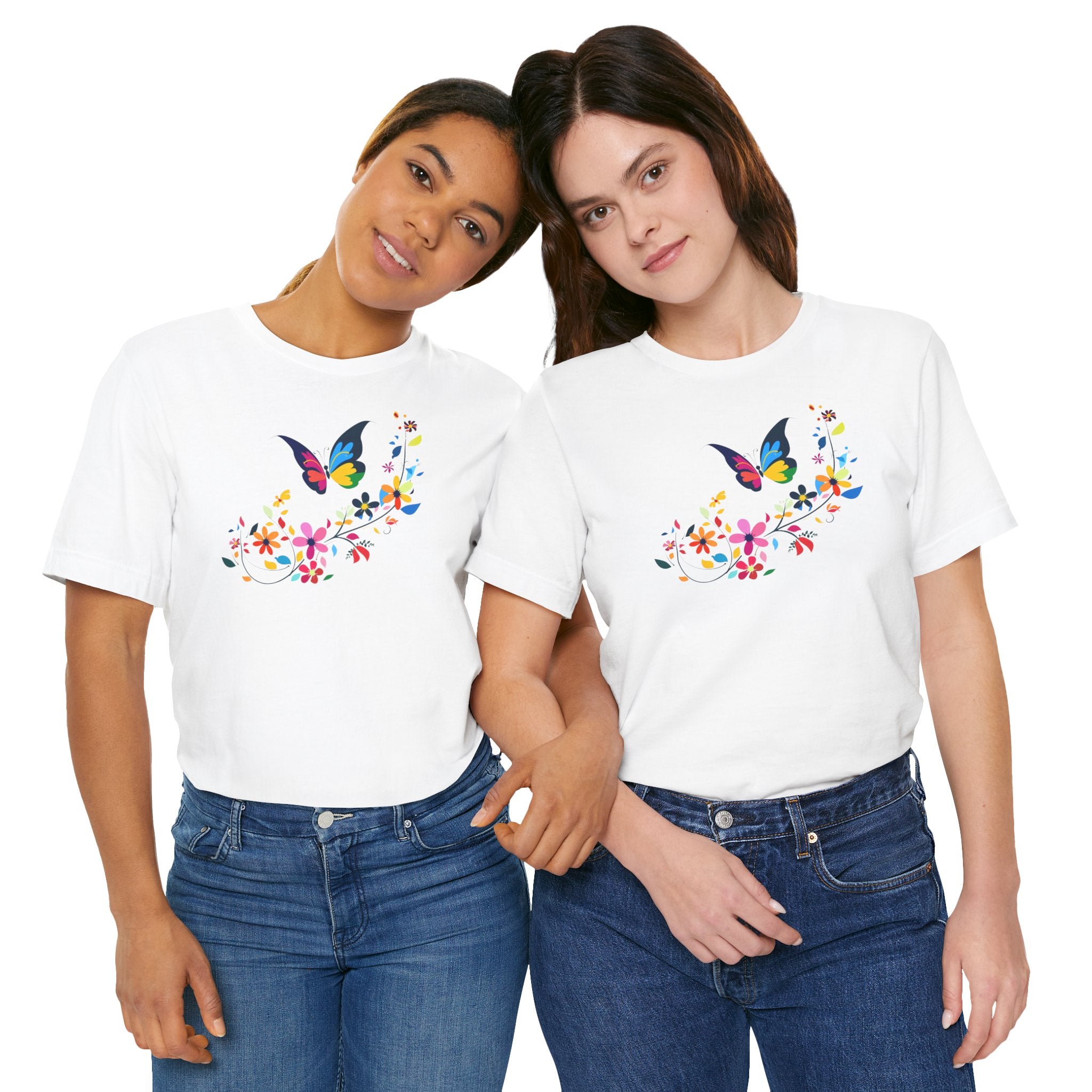 A white crew neck t-shirt with a colorful butterfly and floral pattern on the front.