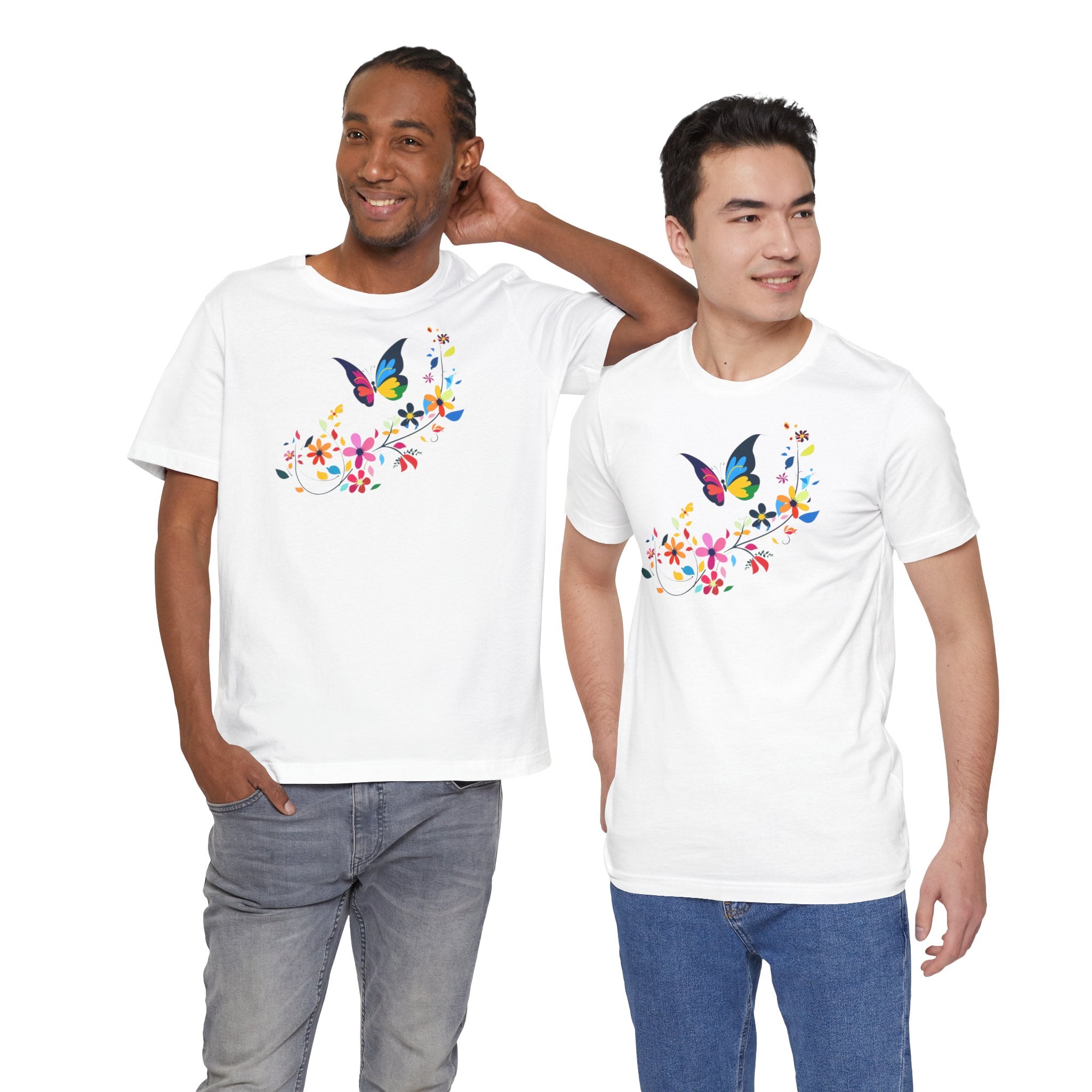 A white crew neck t-shirt with a colorful butterfly and floral pattern on the front.