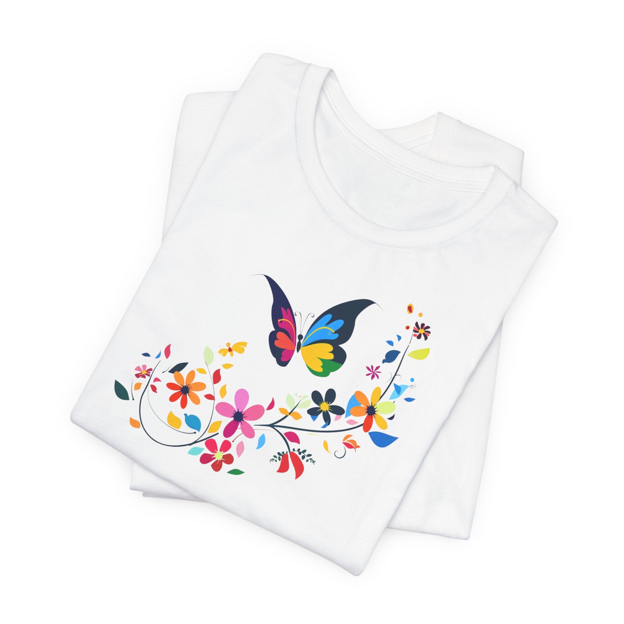 A white crew neck t-shirt with a colorful butterfly and floral pattern on the front.