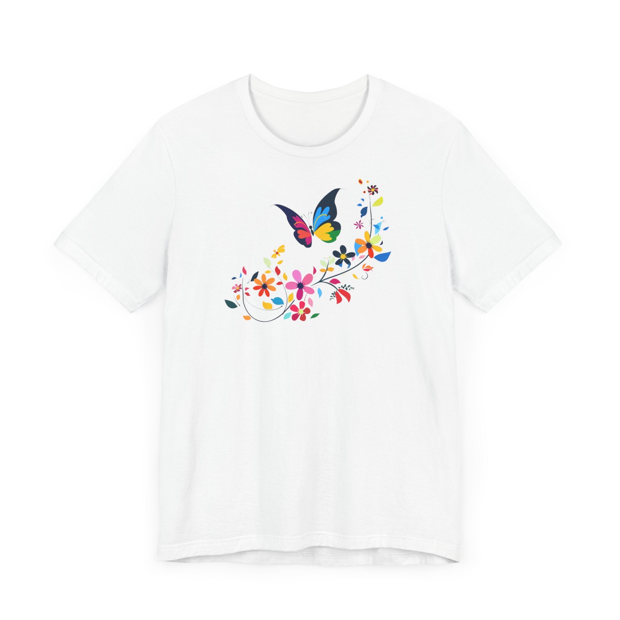 A white crew neck t-shirt with a colorful butterfly and floral pattern on the front.