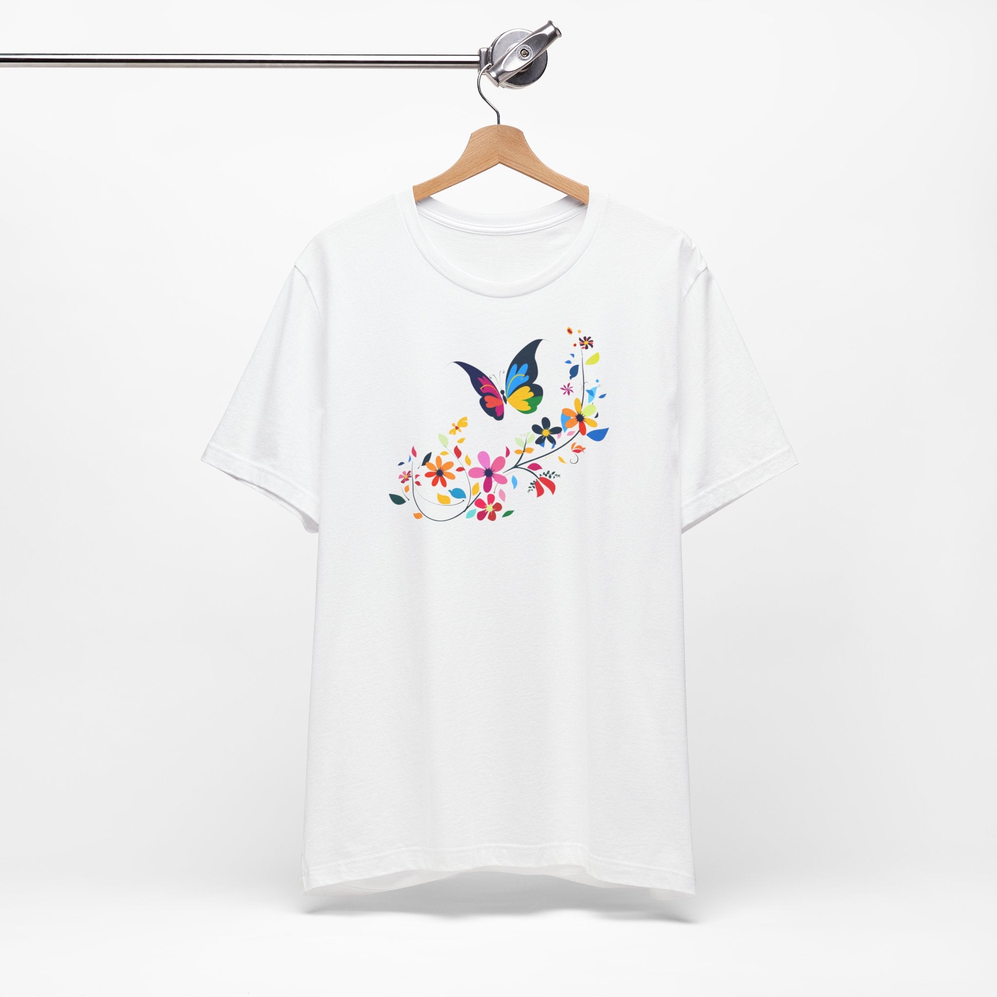 A white crew neck t-shirt with a colorful butterfly and floral pattern on the front.