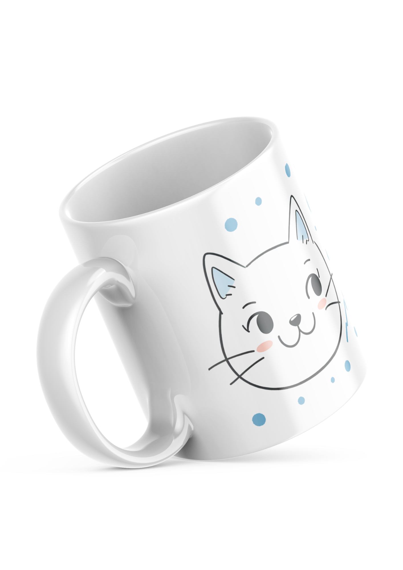 White ceramic mug with cute cat face design and paw prints