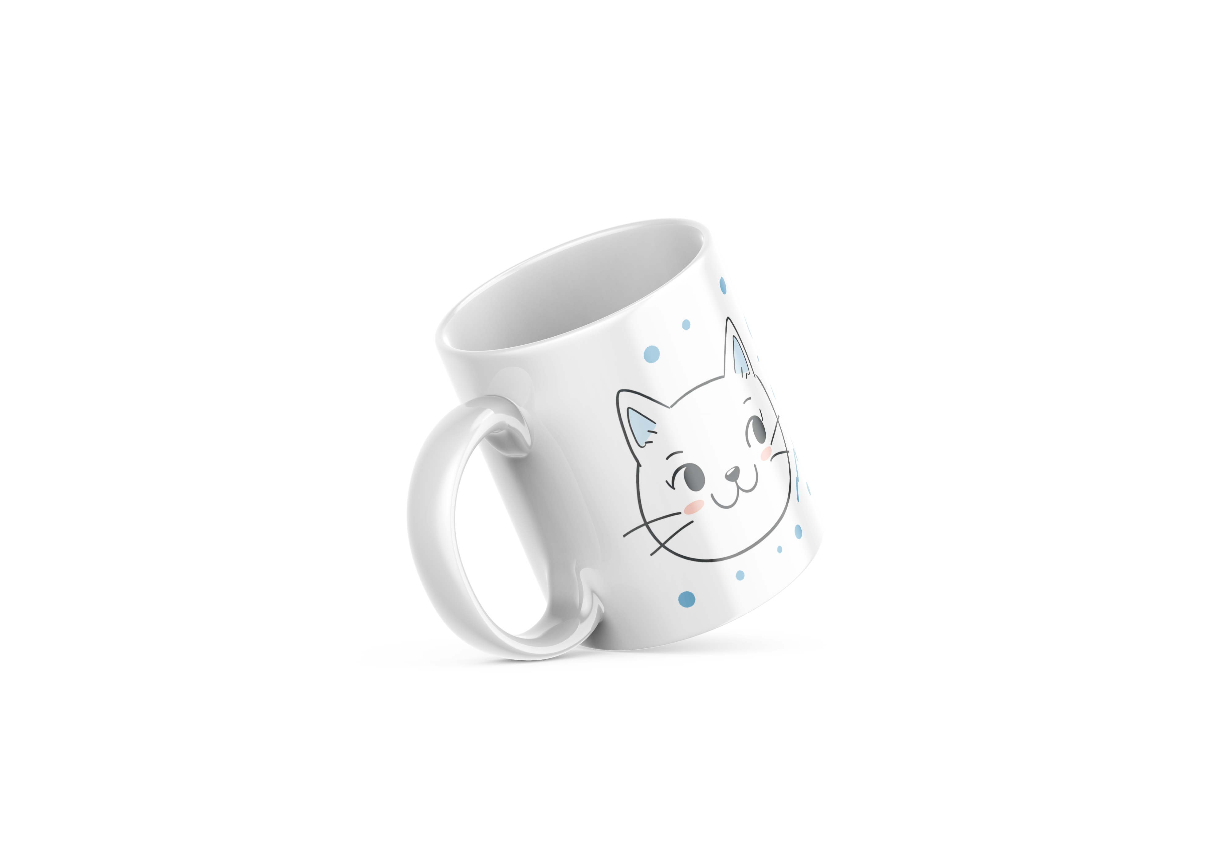 White ceramic mug with cute cat face design and paw prints