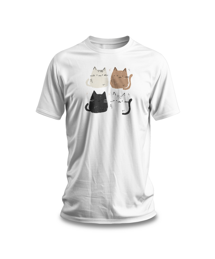 A white cotton t-shirt with a printed design of four multicolor cat faces on the front.
