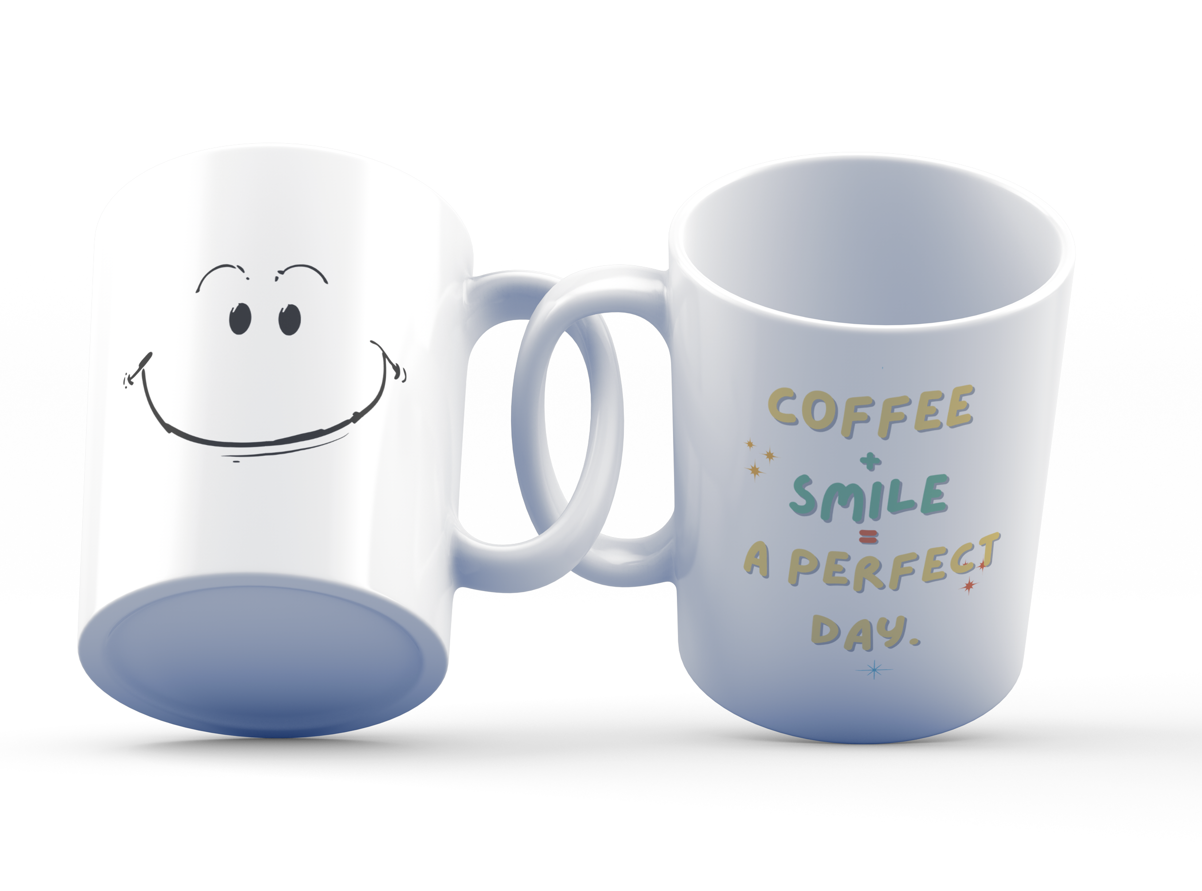 A white ceramic mug with a smiley face design on one side and the text 'Coffee + Smile = A Perfect Day' on the other side.