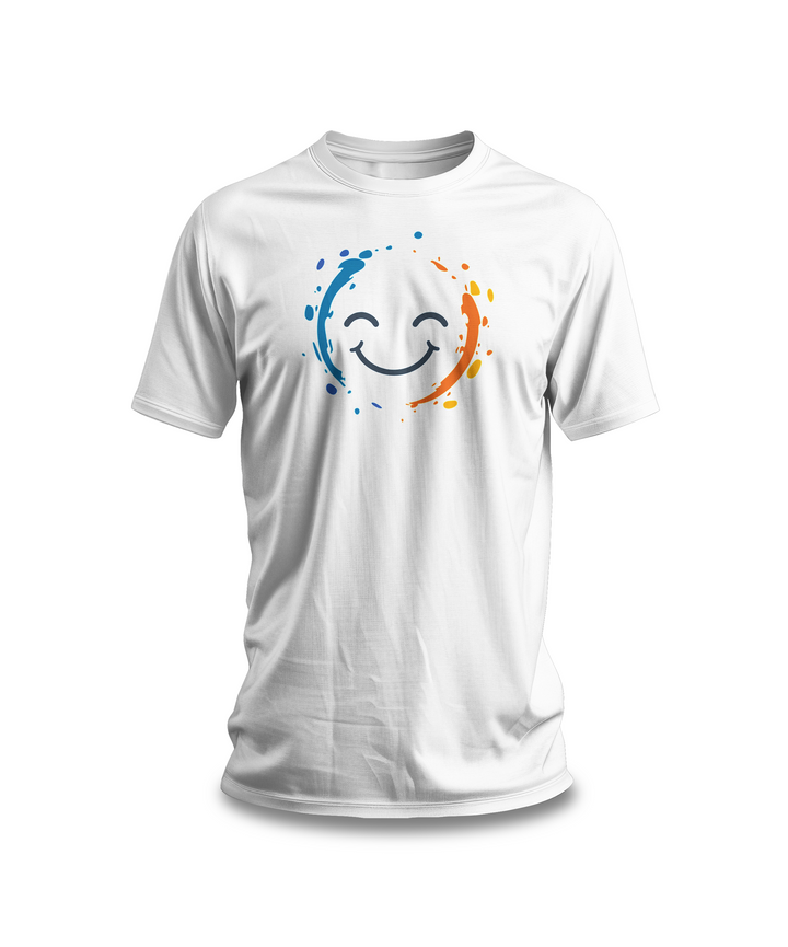 White cotton tee with a vibrant happy face design and color splashes in blue and orange.