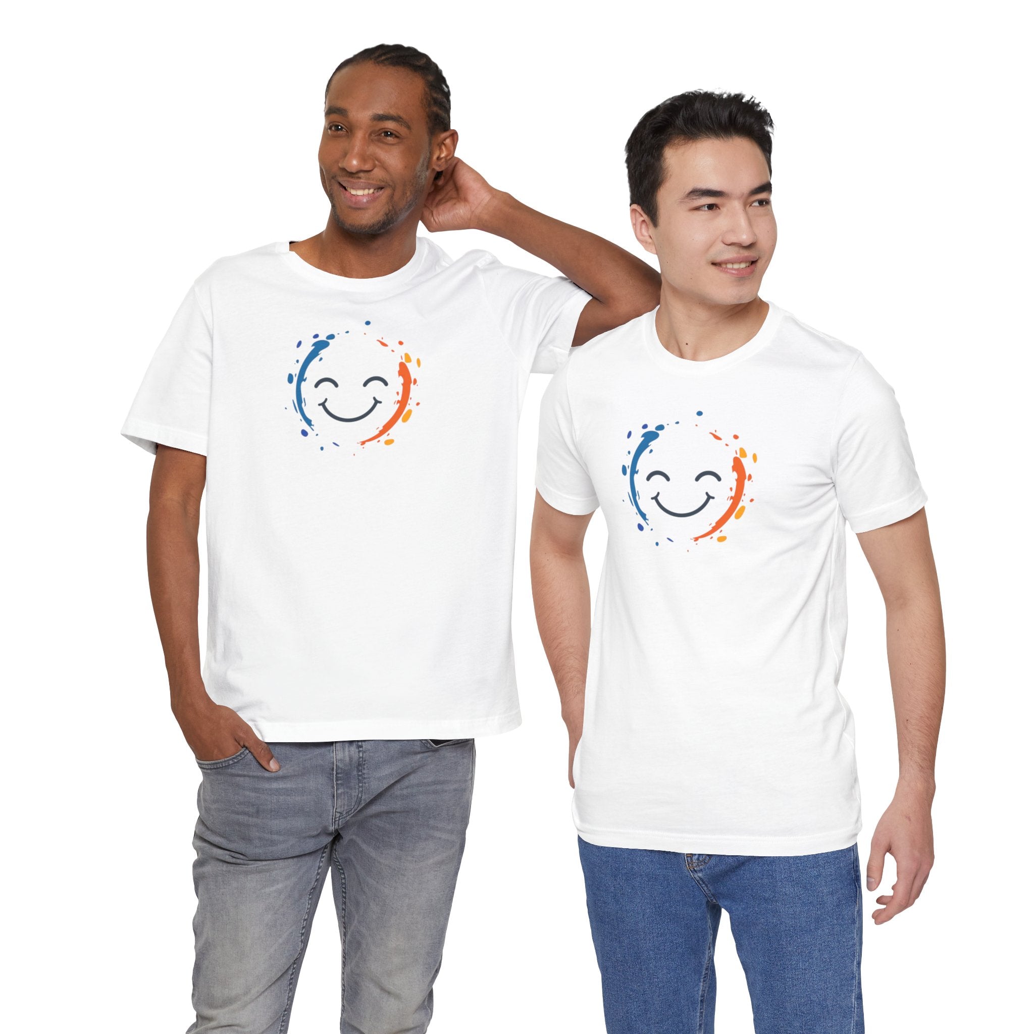 White cotton tee with a vibrant happy face design and color splashes in blue and orange.