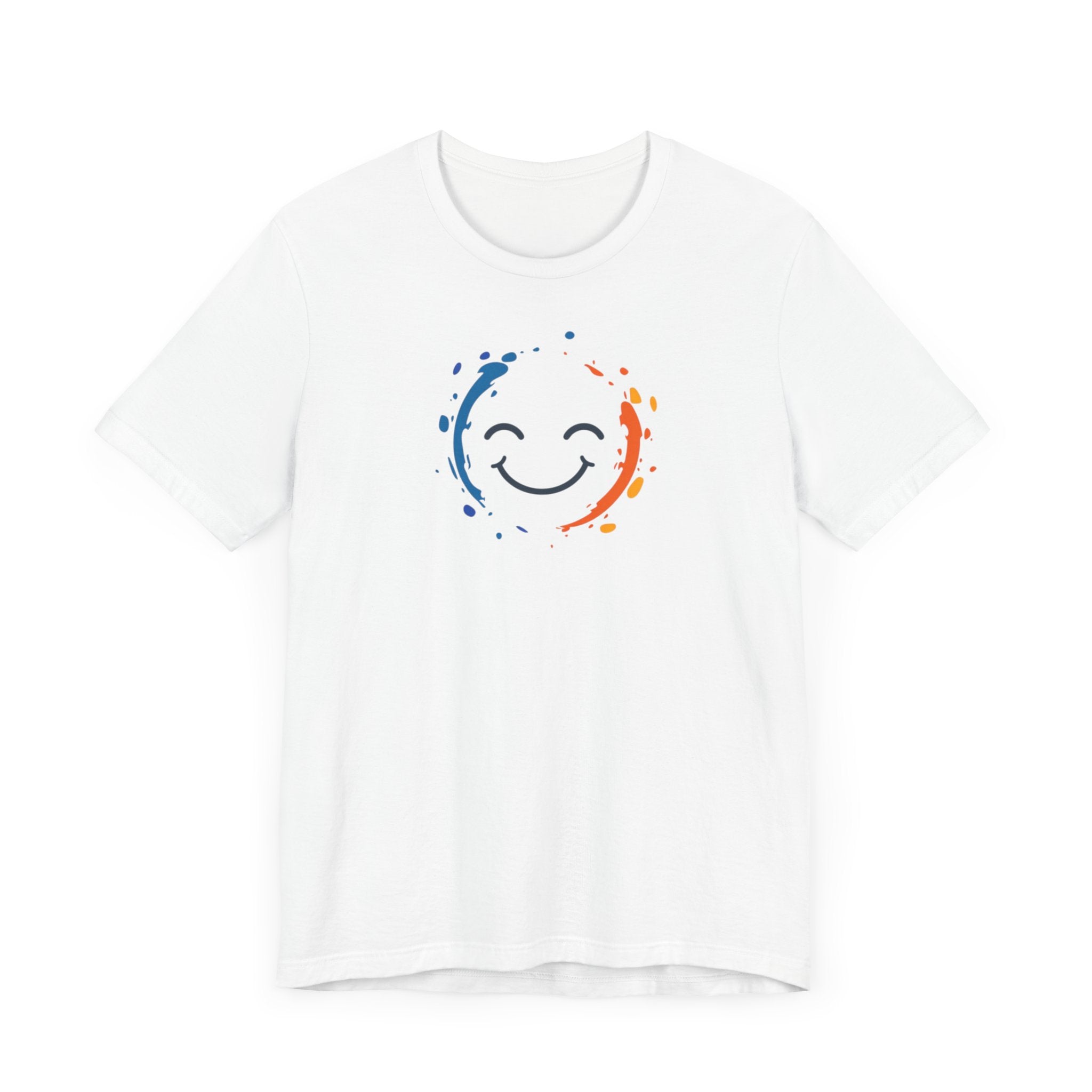 White cotton tee with a vibrant happy face design and color splashes in blue and orange.