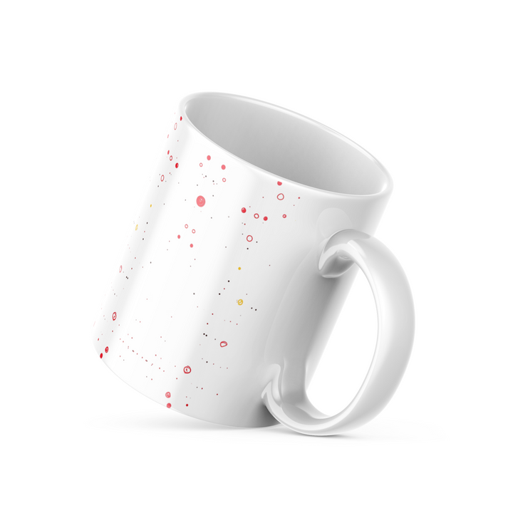 Side view of colorful abstract dots mug, modern art pattern