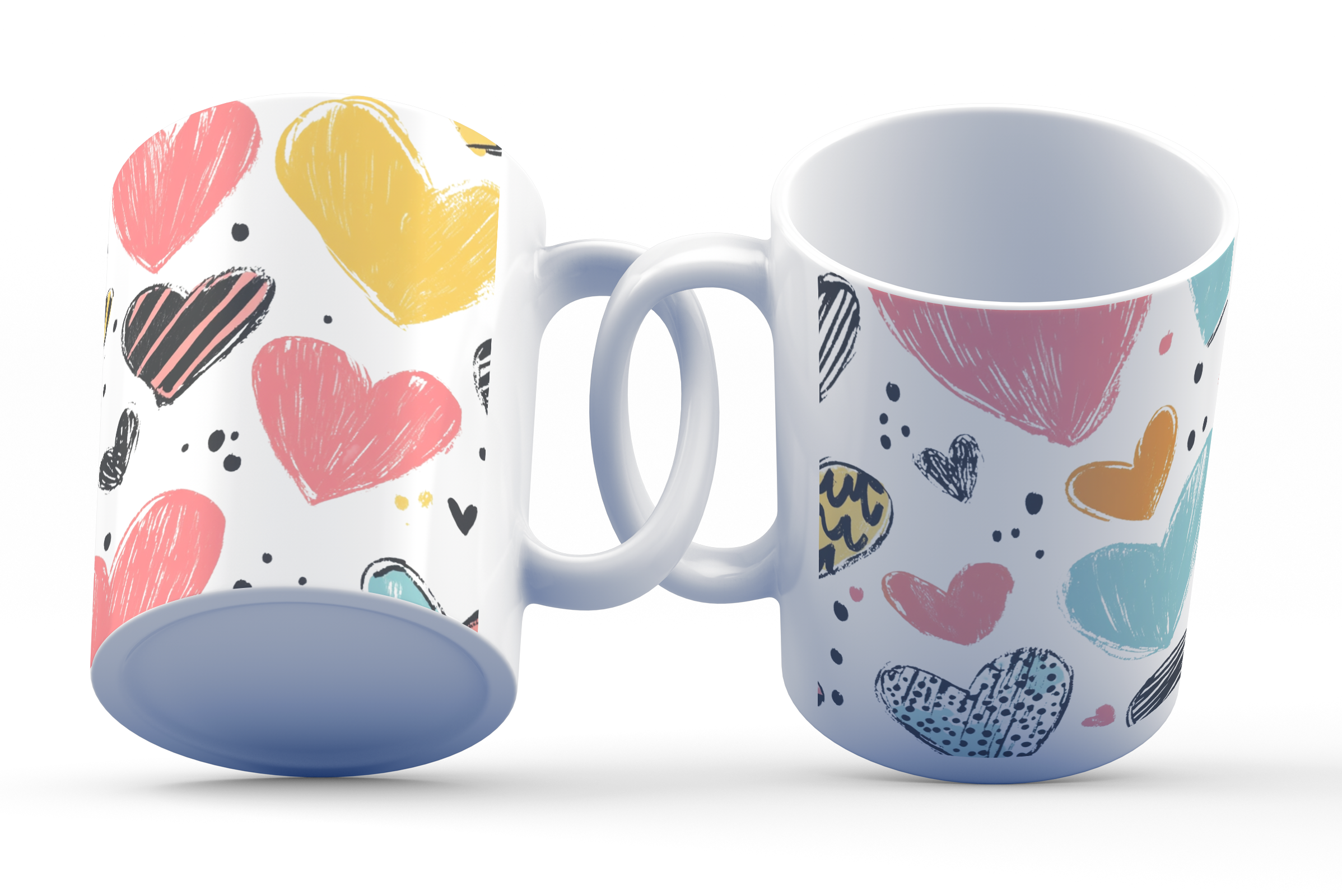 Colorful Hearts Mug 11oz ceramic with pink, yellow, blue and black hearts, fun coffee cup, dishwasher and microwave safe