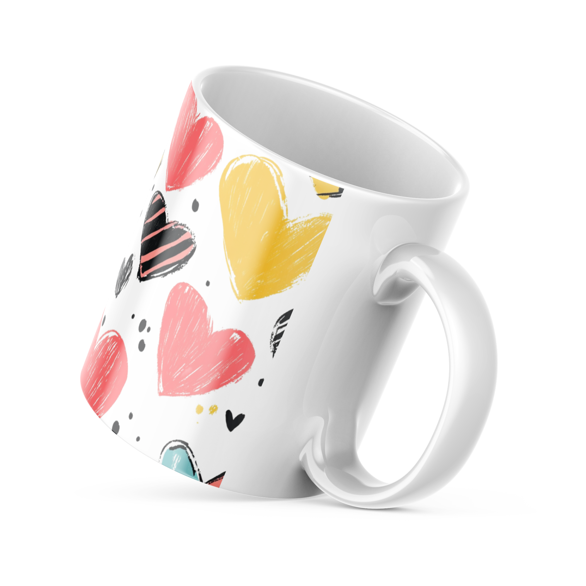 Colorful Hearts Mug 11oz ceramic with pink, yellow, blue and black hearts, fun coffee cup, dishwasher and microwave safe
