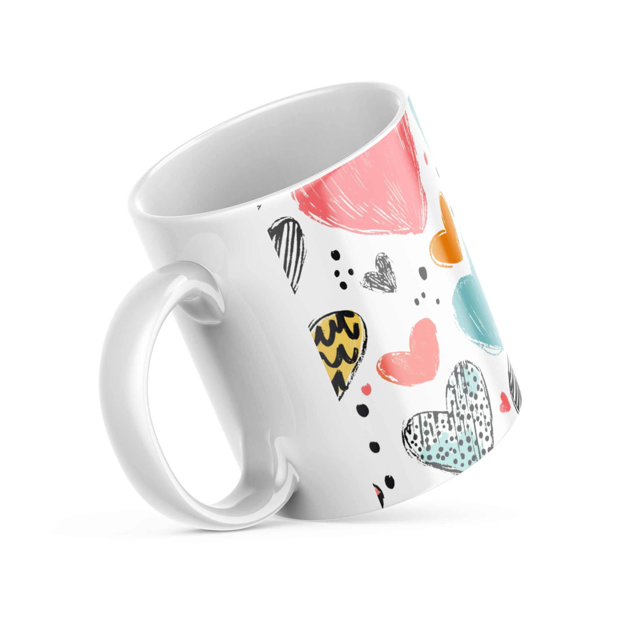 Interior of Colorful Hearts Mug 11oz, glossy ceramic finish, fun heart print