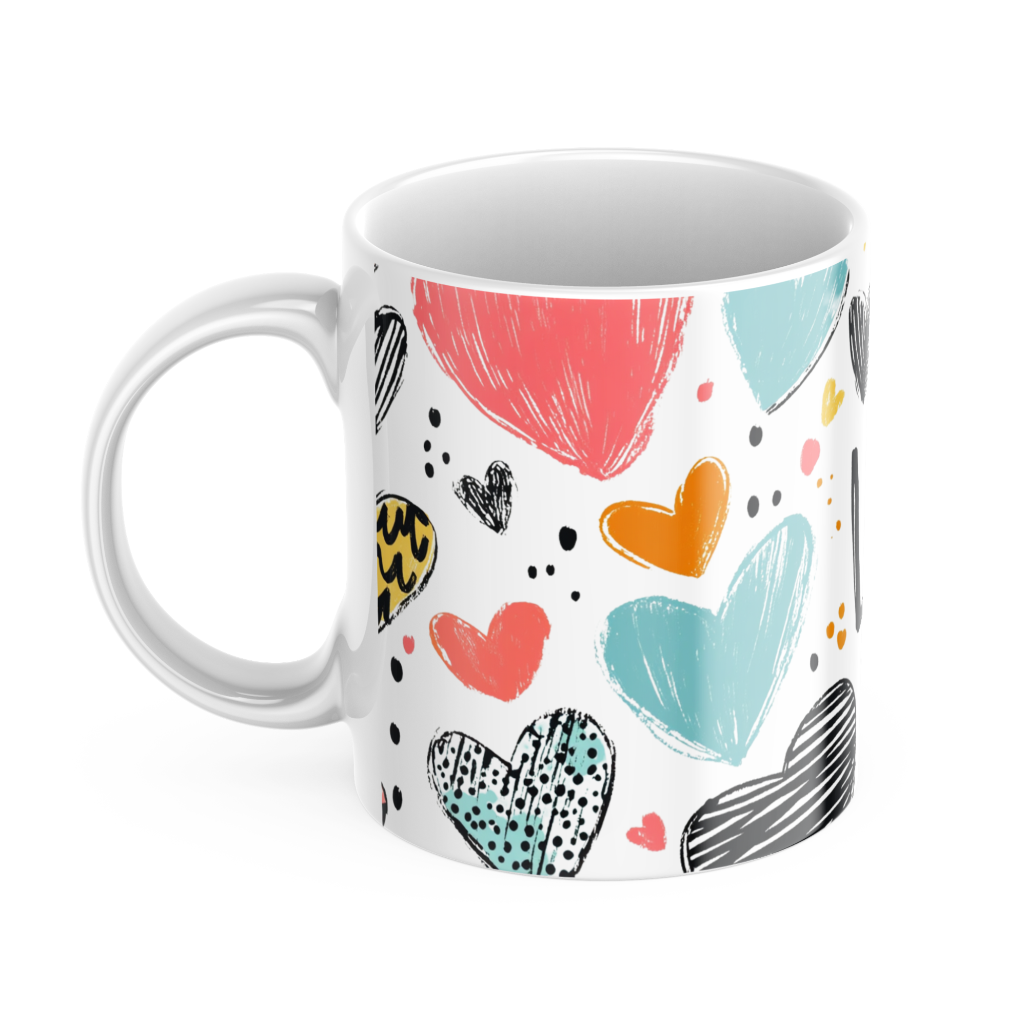 Close-up of Colorful Hearts Mug hand-drawn heart pattern, pink yellow blue black