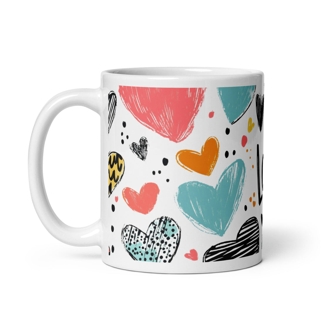 Multiple Colorful Hearts Mugs 11oz, group shot, different heart designs, bright colors