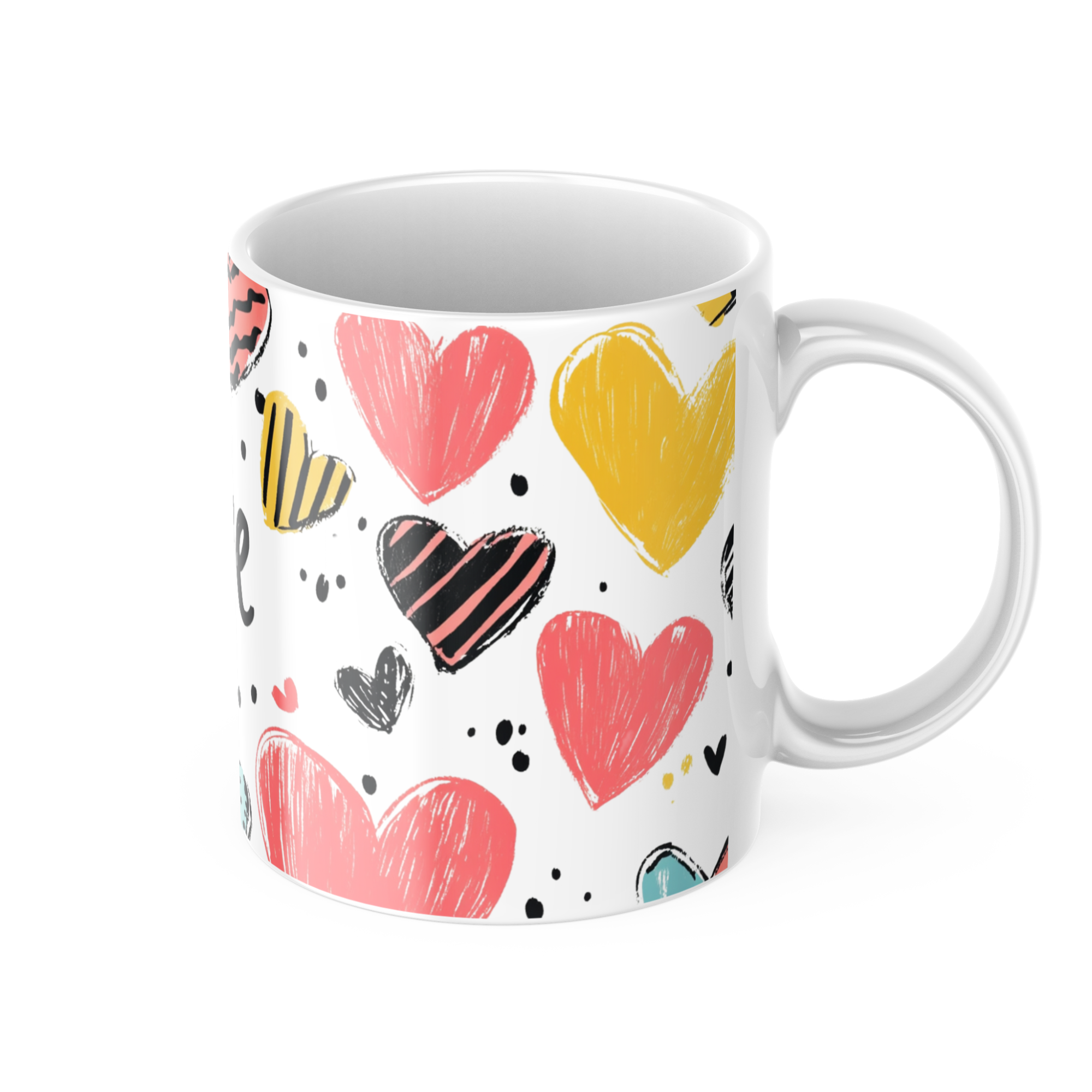  Colorful Hearts Mug 11oz at breakfast table, with coffee and food, cheerful morning scene