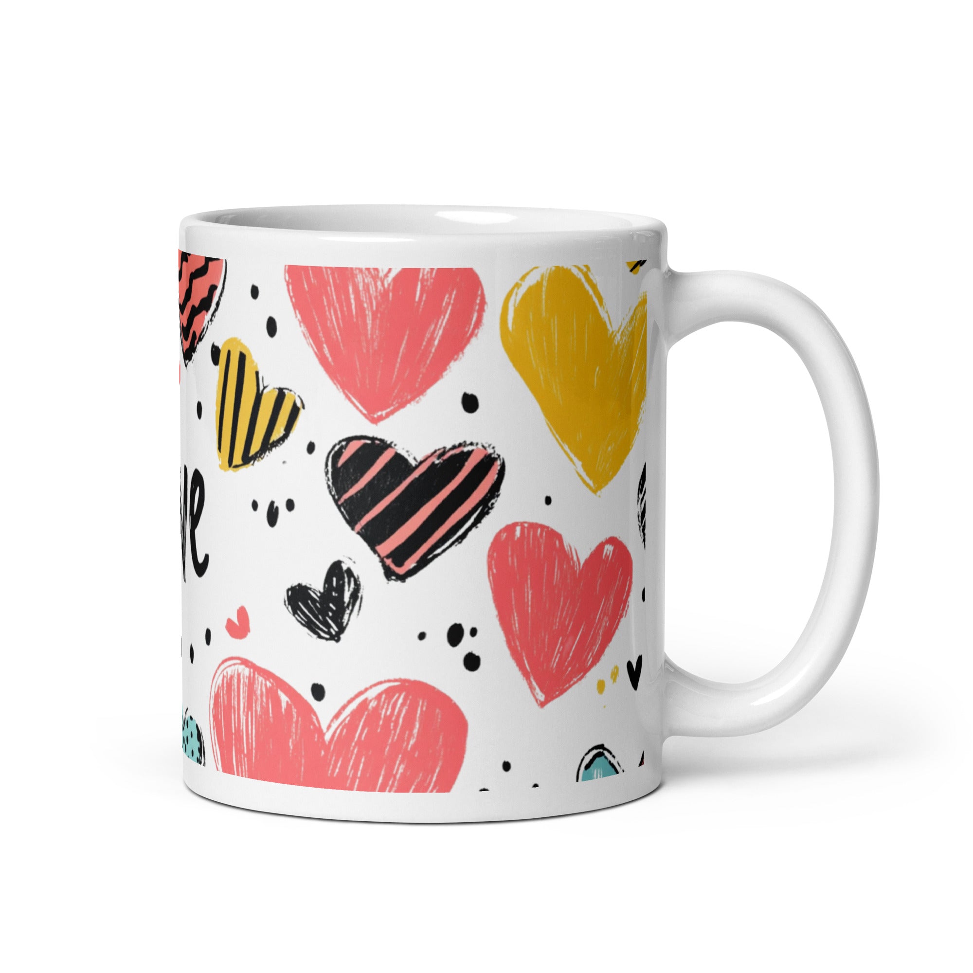 Colorful Hearts Mug 11oz on home office desk, vibrant coffee cup, work from home mug