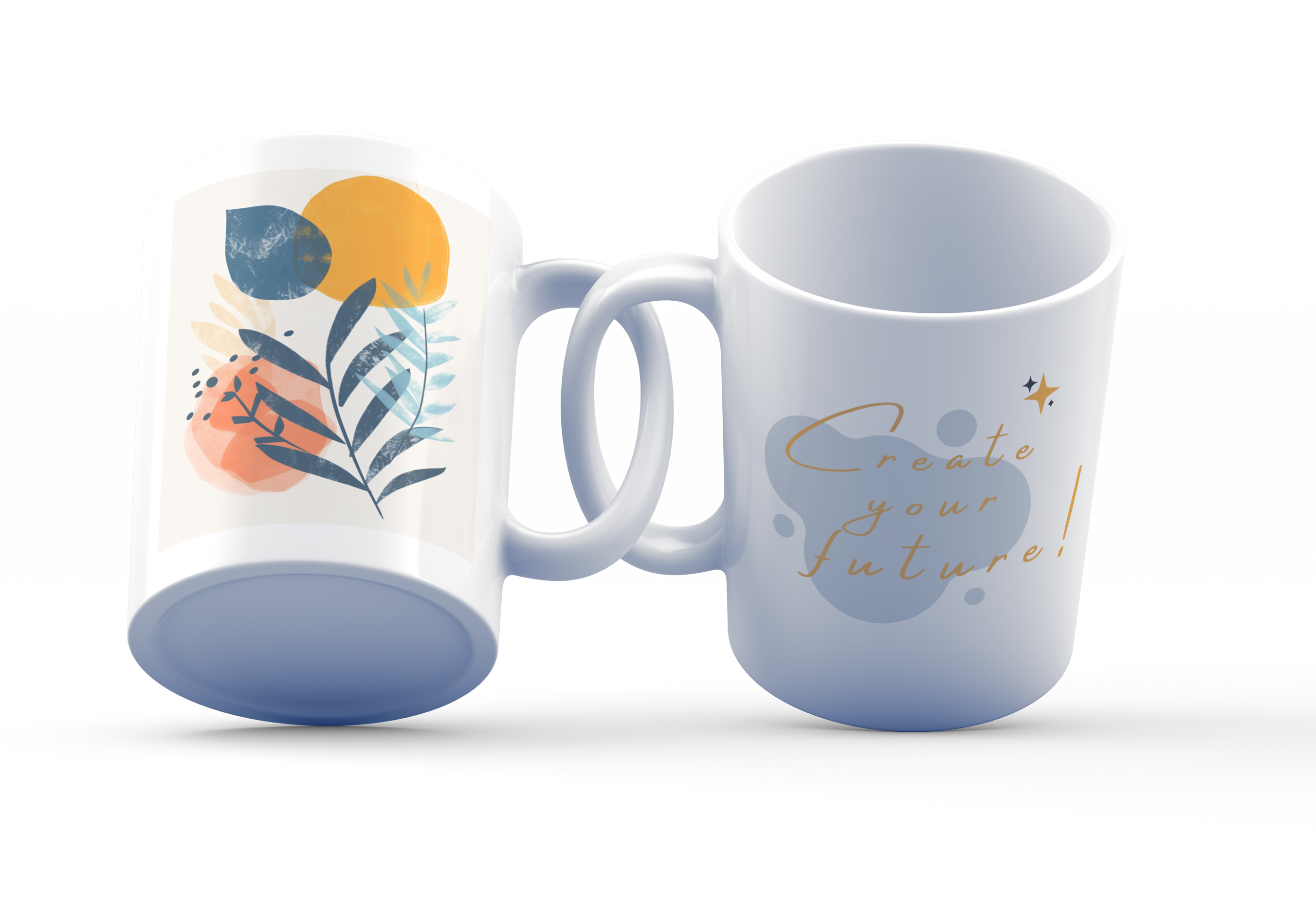 Two ceramic mugs, one with a colorful abstract botanical design and one with the text 'Create Your Future!' printed in a cursive font.