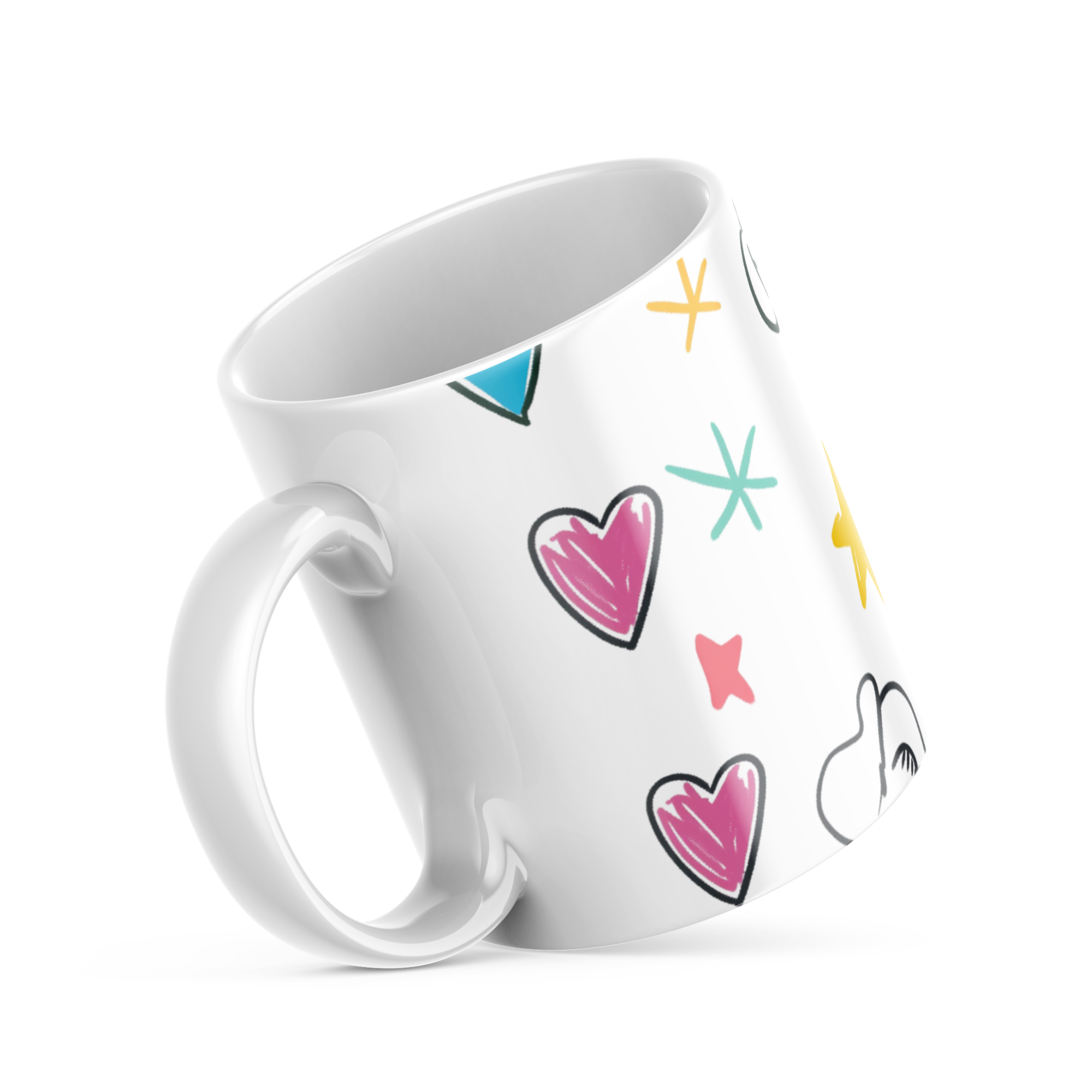 White mug with colorful heart and star patterns on a white background