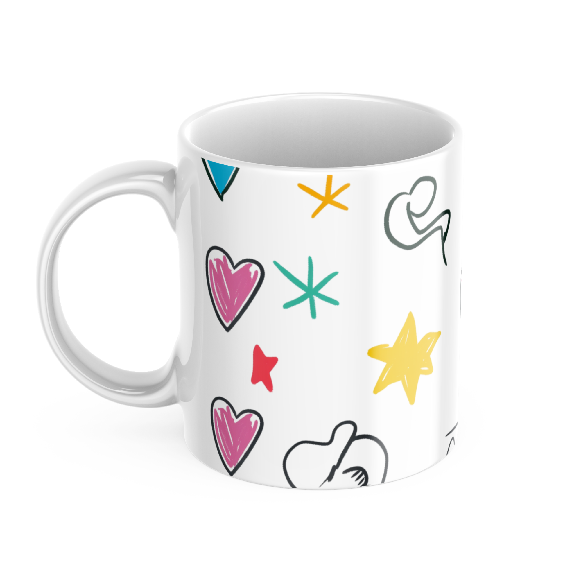 White mug with colorful heart and star designs on a white background
