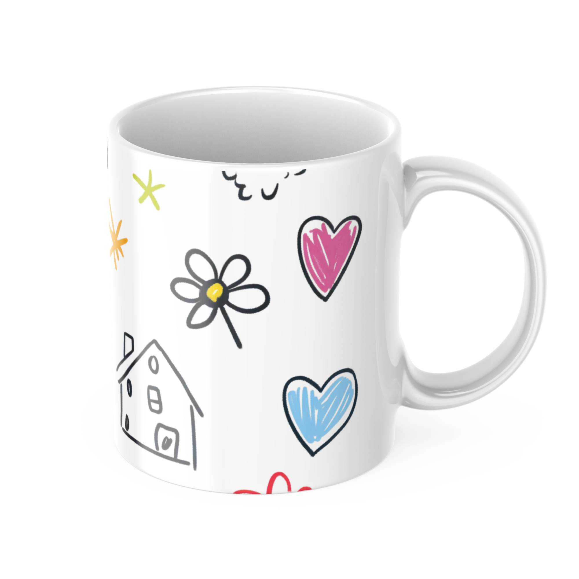 White mug with colorful cartoon designs on a white background
