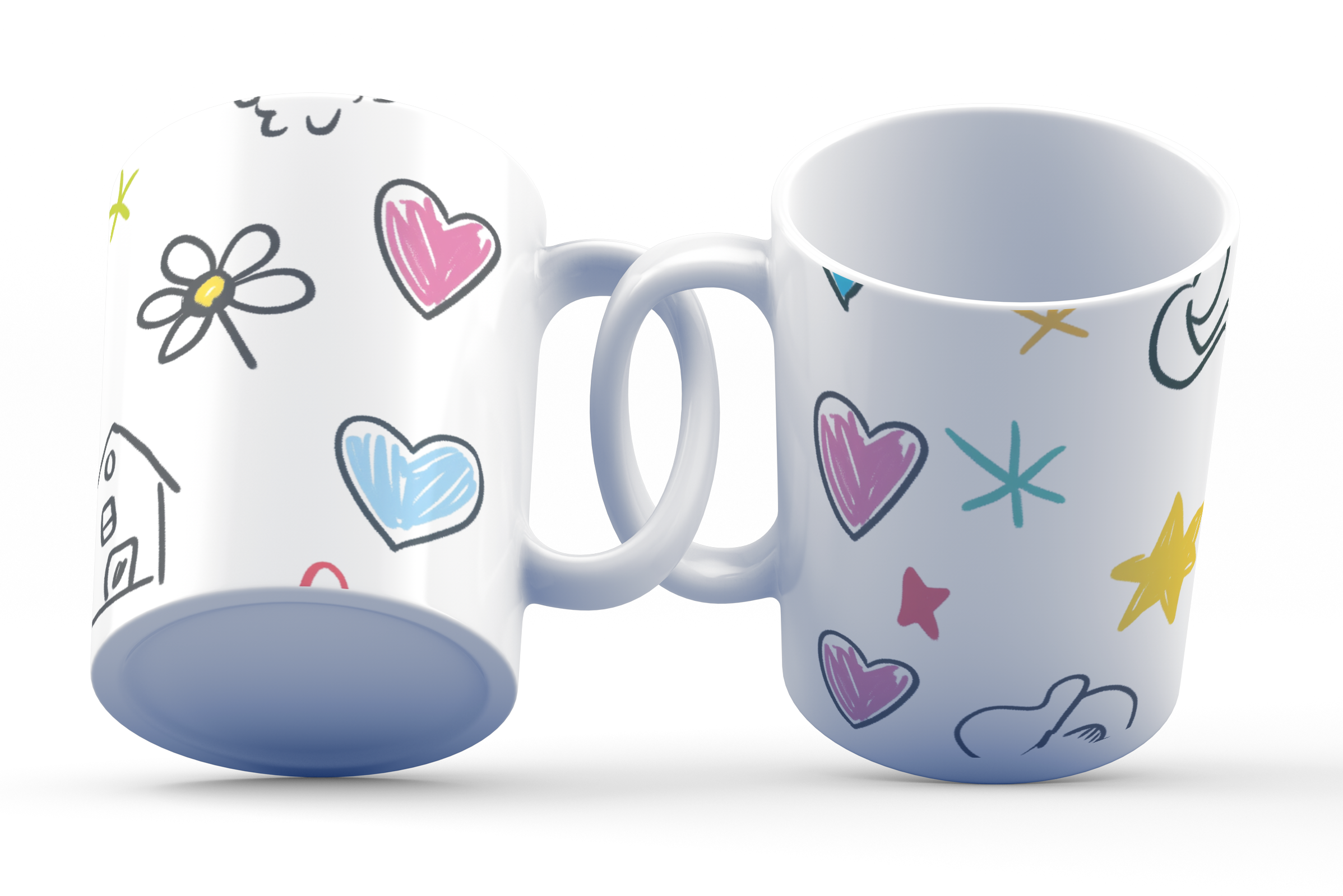 Two white ceramic mugs with colorful whimsical doodle patterns, including hearts and stars, displayed against a white background.