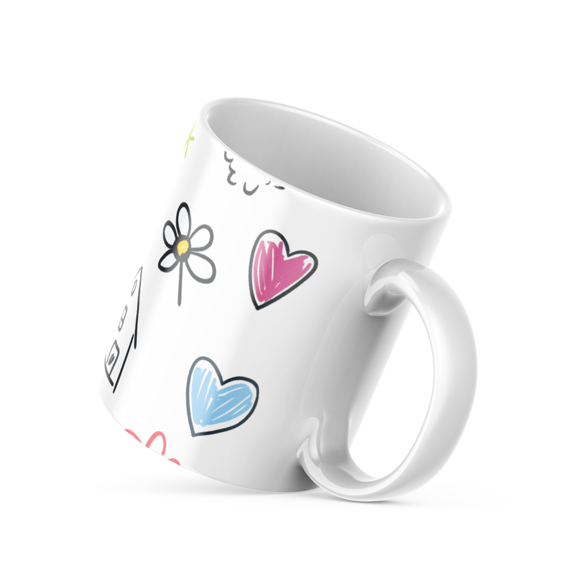 White mug with colorful heart and flower designs on a white background