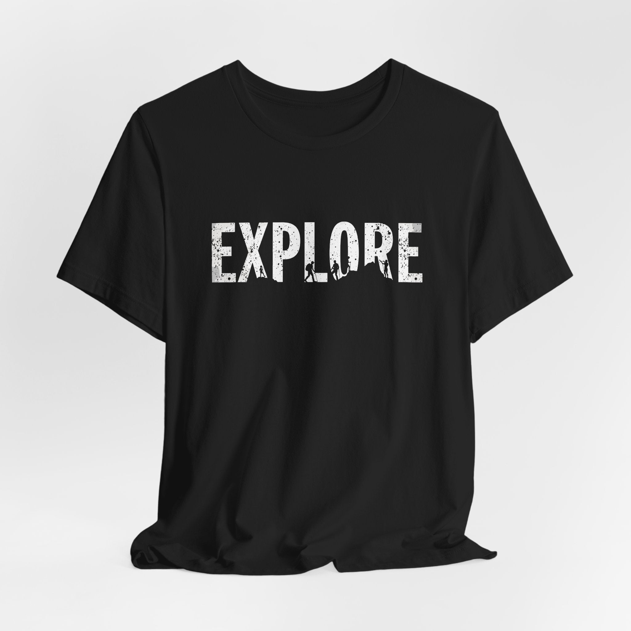 Black cotton t-shirt with the word 'EXPLORE' printed in white, along with silhouettes of hikers and explorers.
