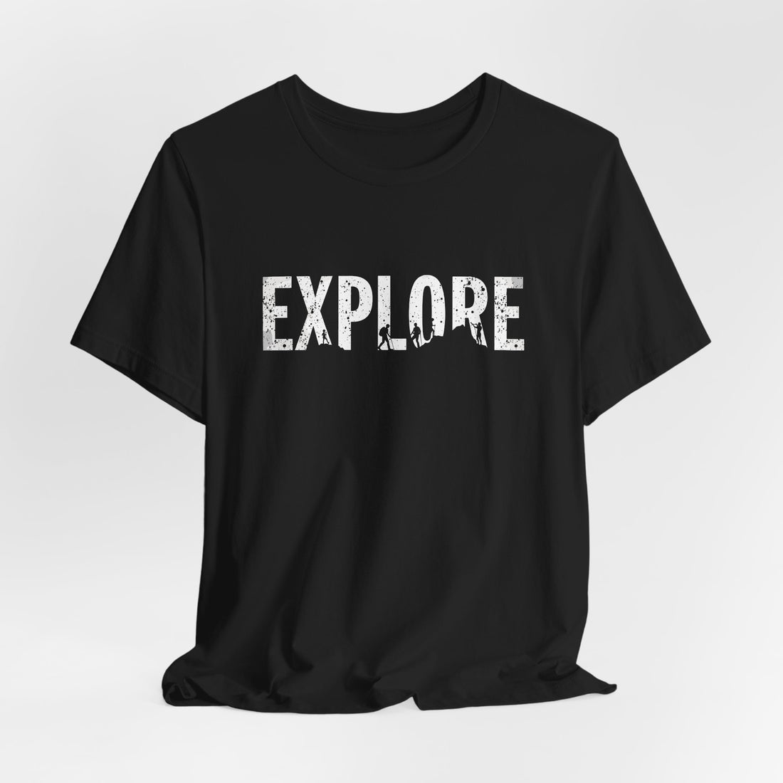 Black cotton t-shirt with the word 'EXPLORE' printed in white, along with silhouettes of hikers and explorers.