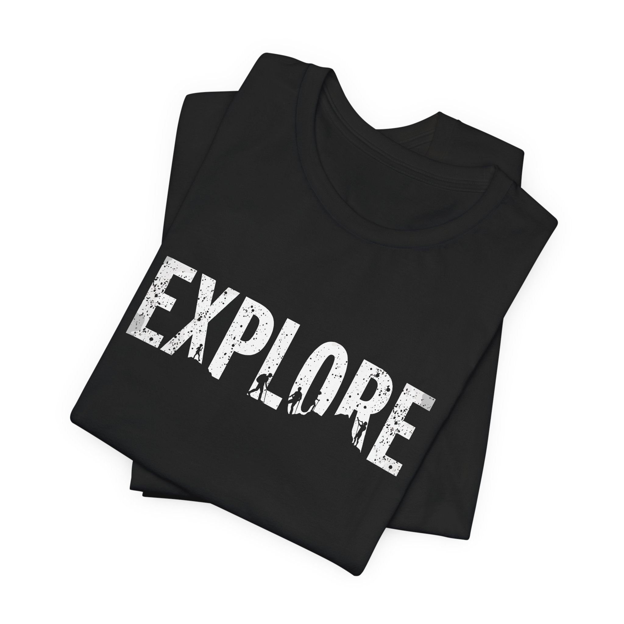 Black cotton t-shirt with the word 'EXPLORE' printed in white, along with silhouettes of hikers and explorers.
