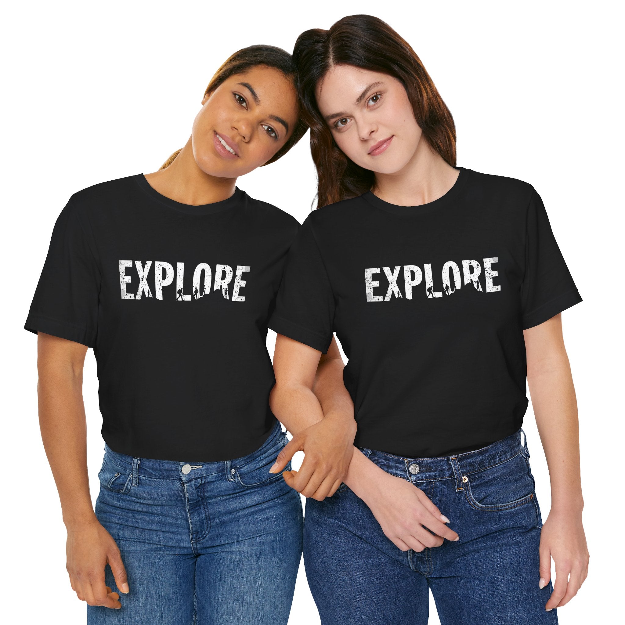 Black cotton t-shirt with the word 'EXPLORE' printed in white, along with silhouettes of hikers and explorers.