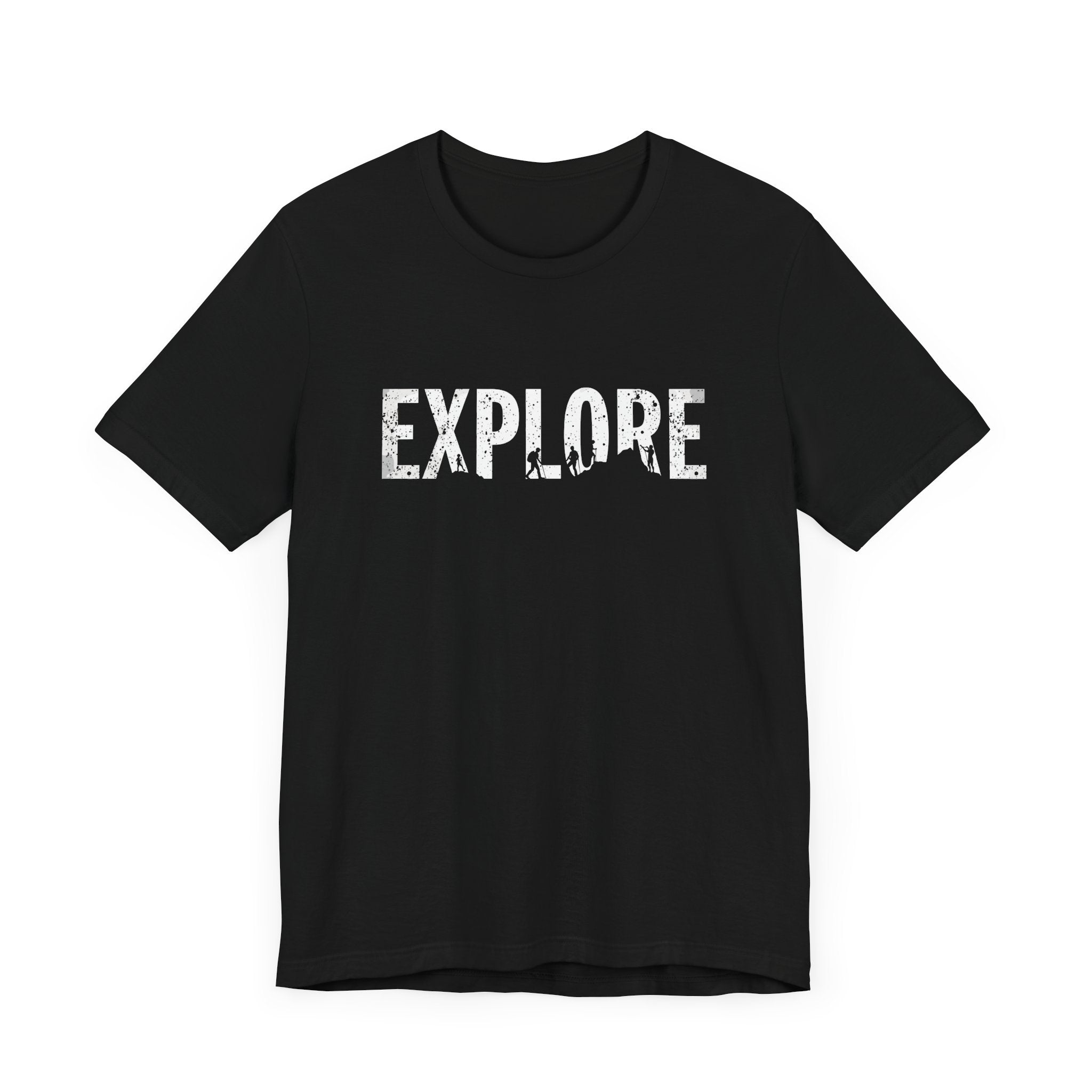 Black cotton t-shirt with the word 'EXPLORE' printed in white, along with silhouettes of hikers and explorers.